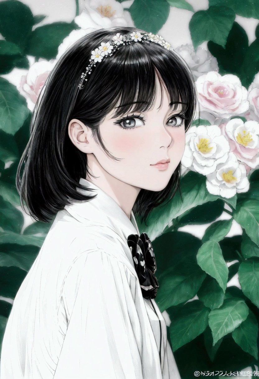 manga style, black and white, anime girl with black hair and white shirt and flowers, kawaii realistic portrait, beautiful anime portrait, anime style portrait, detailed portrait of anime girl, portrait anime girl, portrait of an anime girl, portrait of cute anime girl, anime realism style, cute anime girl portrait, 🤤 girl portrait, portrait of anime girl, realistic cute girl painting, anime girl portrait