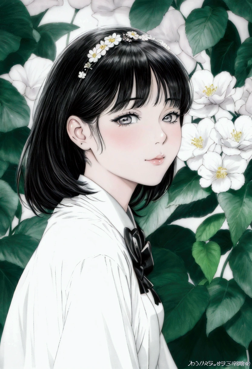 manga style, black and white, anime girl with black hair and white shirt and flowers, kawaii realistic portrait, beautiful anime portrait, anime style portrait, detailed portrait of anime girl, portrait anime girl, portrait of an anime girl, portrait of cute anime girl, anime realism style, cute anime girl portrait, 🤤 girl portrait, portrait of anime girl, realistic cute girl painting, anime girl portrait