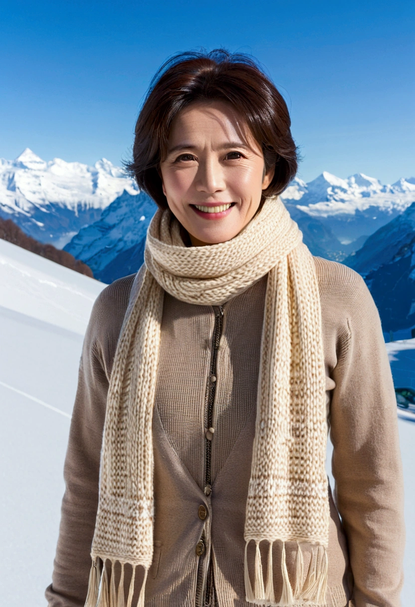 (detailed fingers), Korean woman in her 50s with short and medium hair, smiling face, short and , very beautiful.!, Get inspired by Son Ye-jin, photo realistic beautiful face, big eyes,double eyelid, black eye, Short hair, alone, Switzerland, The Jungfrau snowfield can be seen in the distance.. winter, highnecksweater, Wearing beige jean pants,, (Full body shot with Canon camera 16-35 wide angle lens, The white snow of Jungfrau can be seen in the distance.. Visible up to the waist, Woman in her 40s, A soft long scarf pulled down to the chest., clear sky, intense sunlight