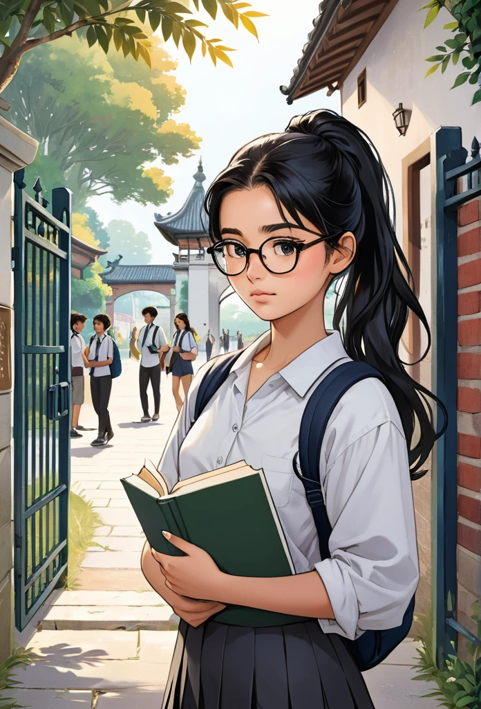 Mia, a beautiful with long Black hair tied in a ponytail and glasses, clutching her books to her chest. She stands near the gate, looking shyly around as the other students pass by.
