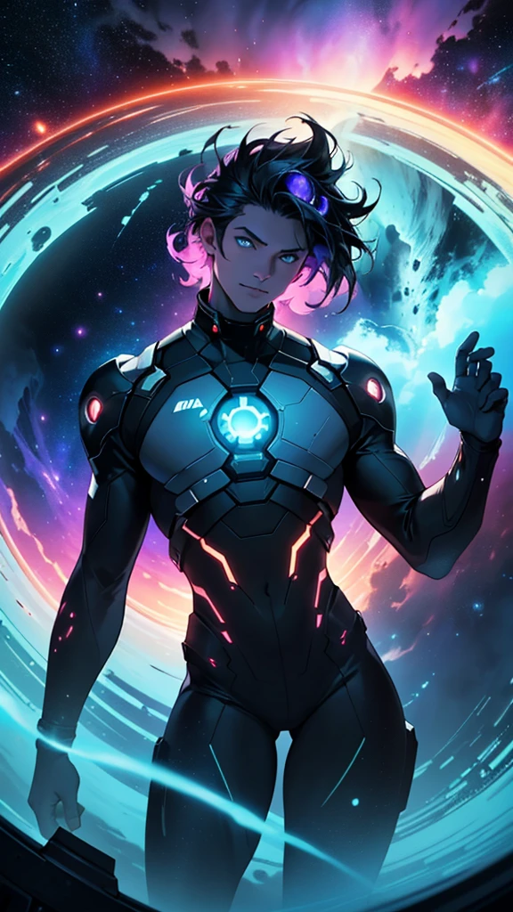 view from the glass cabin window of a spaceship, A nebulous cosmic scene unfolds.. Boundless expanses of velvety black space filled with glowing oxygen-rich gas clouds. Howling menacingly at the center of the nebula, A colossal black hole protected by an aura of sinister light.,
