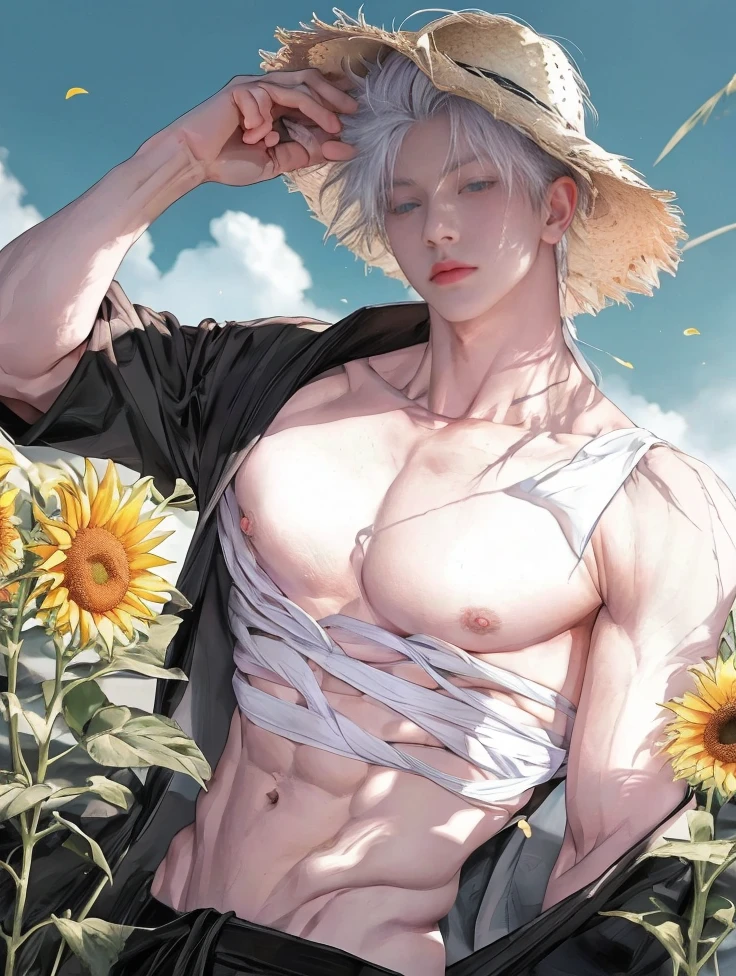 1 male, Japanese male model, high resolution 4k, adult, handsome, perfect face detail, detailed eyes and face, clean shaved, sixpack, white eyebrow hair, white eyelashes, Naked torso, Detailed face, perfect face, dynamic lighting, Real skin texture, ((Perfect hand details)), ((Real and complete hand details)), unreal engine, hd picture, satoru gojo, Jujutsu kaisen, white hair, short hair ,hair between eyes ,blue eyes, white skin, singlet, hold a straw hat, Sunflower garden details