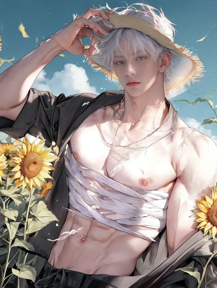 1 male, Japanese male model, high resolution 4k, adult, handsome, perfect face detail, detailed eyes and face, clean shaved, sixpack, white eyebrow hair, white eyelashes, Naked torso, Detailed face, perfect face, dynamic lighting, Real skin texture, ((Perfect hand details)), ((Real and complete hand details)), unreal engine, hd picture, satoru gojo, Jujutsu kaisen, white hair, short hair ,hair between eyes ,blue eyes, white skin, singlet, hold a straw hat, Sunflower garden details