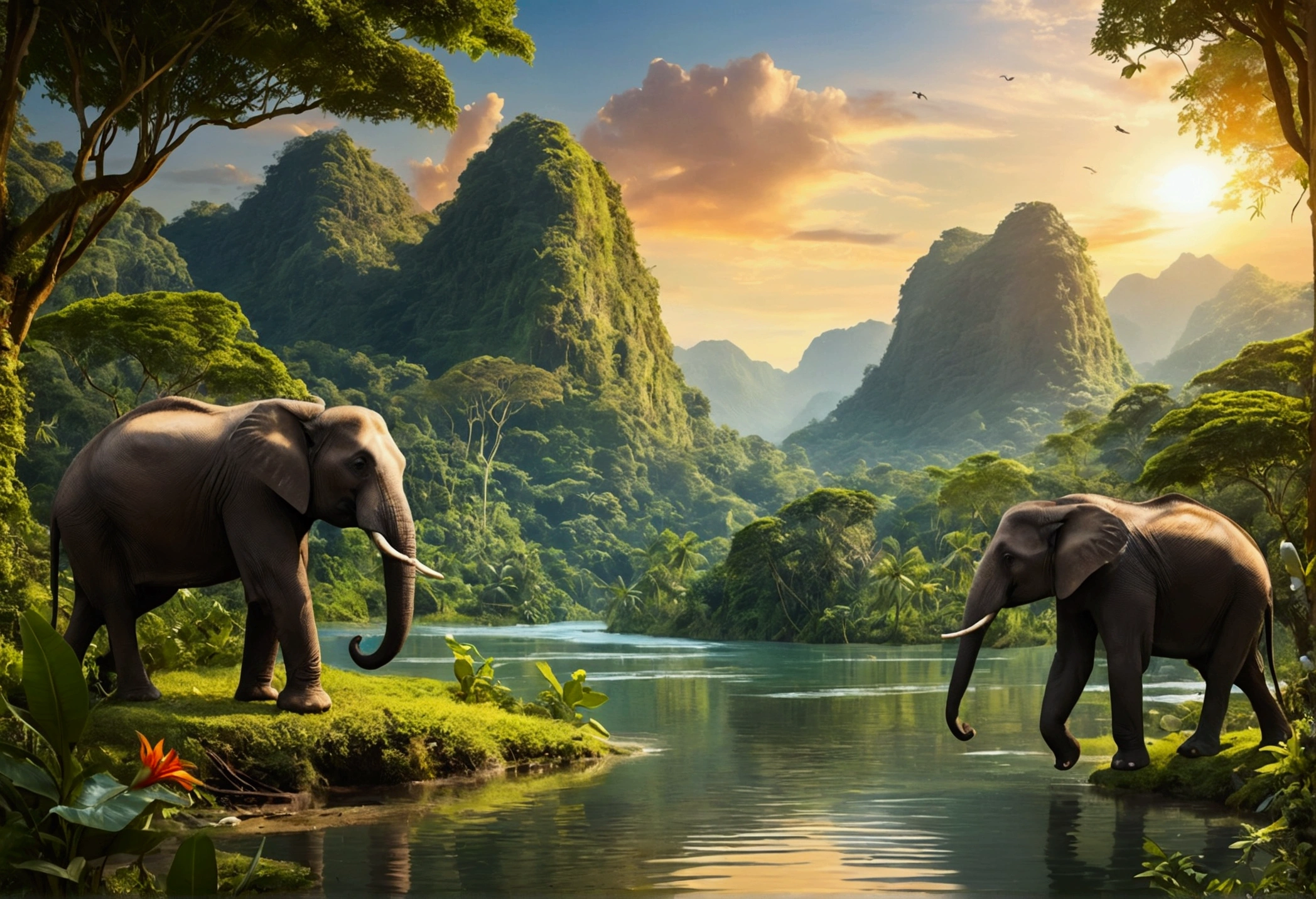 "Create a vibrant and eco-friendly illustration featuring a lush jungle teeming with diverse wildlife, including majestic elephants, playful monkeys, and colorful parrots. In the foreground, a crystal-clear river winds its way through the dense foliage, reflecting the vibrant greenery. Towering mountains rise in the background, their peaks touched by the golden glow of the setting sun. Above, the Earth floats in the sky, a reminder of the importance of preserving our planet's beauty and biodiversity. This image should radiate a sense of harmony, balance, and the need to protect our natural world."