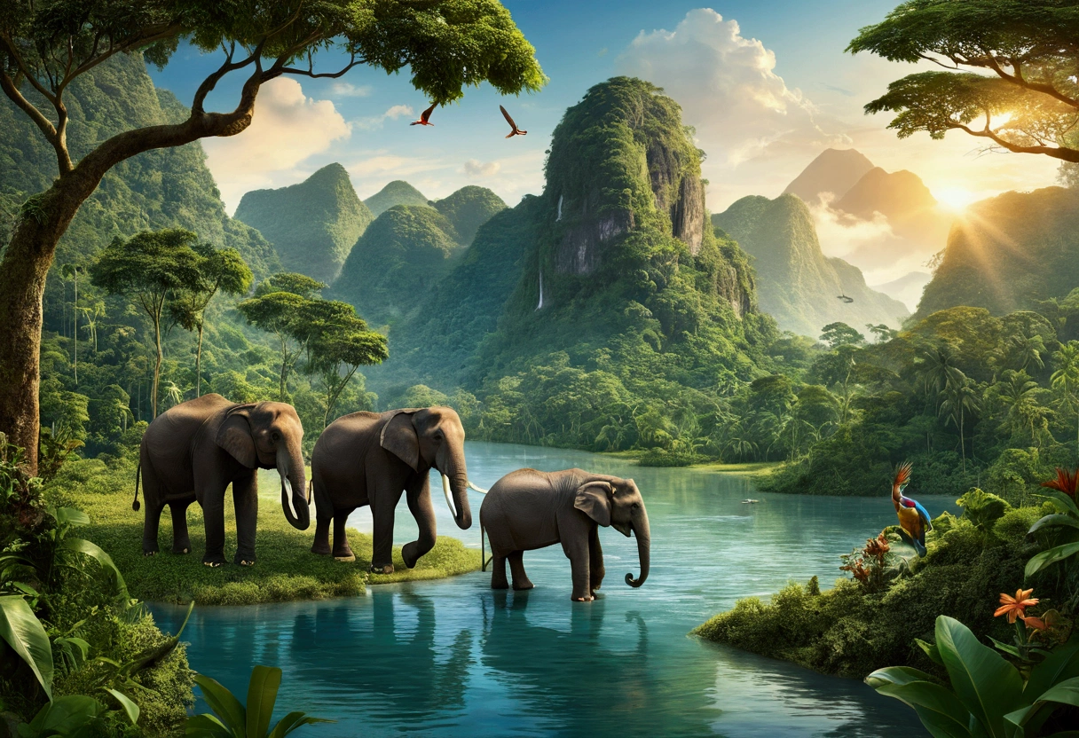 "Create a vibrant and eco-friendly illustration featuring a lush jungle teeming with diverse wildlife, including majestic elephants, playful monkeys, and colorful parrots. In the foreground, a crystal-clear river winds its way through the dense foliage, reflecting the vibrant greenery. Towering mountains rise in the background, their peaks touched by the golden glow of the setting sun. Above, the Earth floats in the sky, a reminder of the importance of preserving our planet's beauty and biodiversity. This image should radiate a sense of harmony, balance, and the need to protect our natural world."