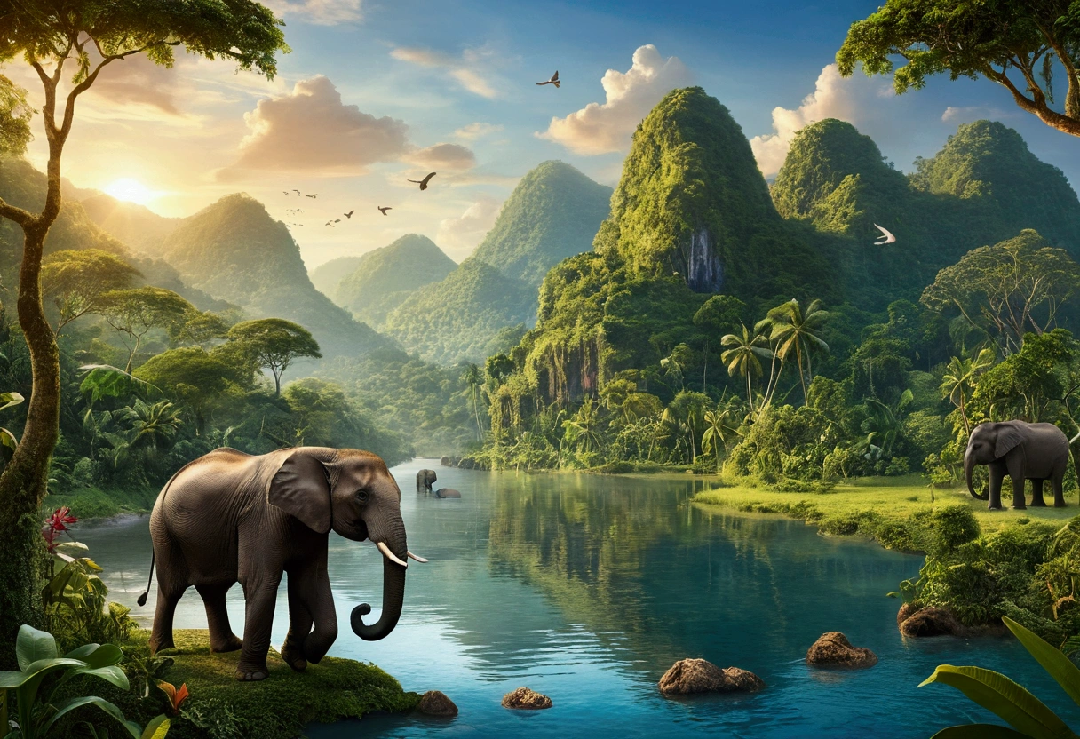 "Create a vibrant and eco-friendly illustration featuring a lush jungle teeming with diverse wildlife, including majestic elephants, playful monkeys, and colorful parrots. In the foreground, a crystal-clear river winds its way through the dense foliage, reflecting the vibrant greenery. Towering mountains rise in the background, their peaks touched by the golden glow of the setting sun. Above, the Earth floats in the sky, a reminder of the importance of preserving our planet's beauty and biodiversity. This image should radiate a sense of harmony, balance, and the need to protect our natural world."