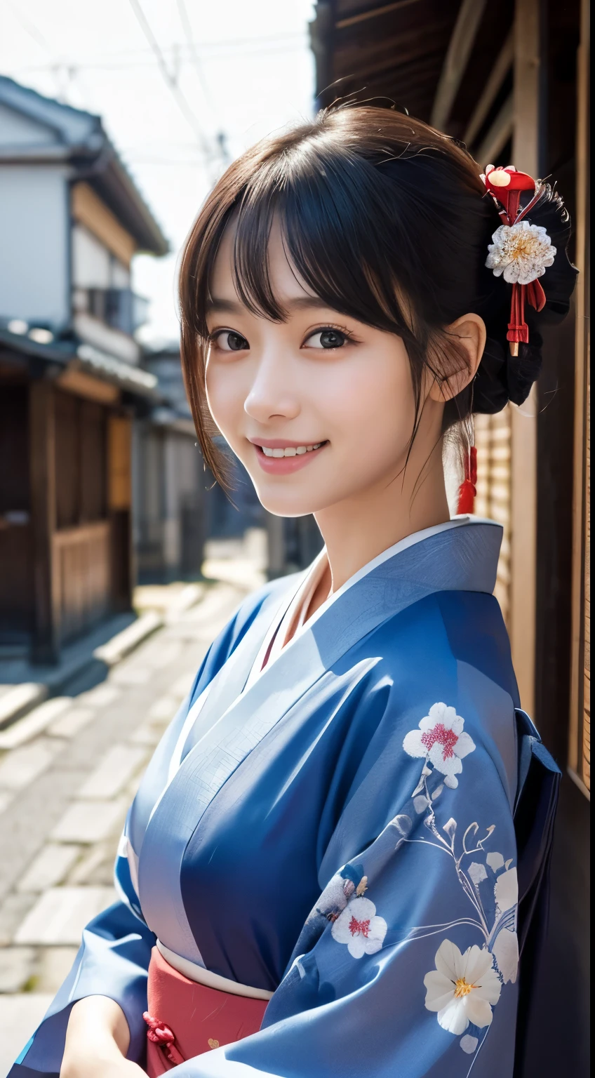 Professional Lighting,(Realistic:1.4), (Top image quality:1.0), (超High resolution:1.0), 8k, Raw photography, (masterpiece:0.2), (Dealing with the Children_v1:0.5)、(最高quality Detail:1.2)、Realistic、8kウルトラHD、High resolution、(1 girl:1.2)、超detailedな、High quality textures、複雑なdetailed、detailed、Very detailed CG、High quality shadows、detailed 美しく繊細な顔、Beautiful details and a delicate eye、(Symmetrical eyes:1.2),Written boundary depth、Ray Tracing,1 girl, Japanese Girls, (Natural smile:1.4),cute, thin, Portrait of a beautiful Japanese woman in a kimono, Standing elegantly on a street corner in Kyoto. Kimono with vibrant traditional patterns, Hair decorated with elegant and delicate hairpins, Gentle expression. (With the old streets of Kyoto in the background:1.4)、The soft light of a spring afternoon、Adding tranquility to the scene. Rendered in a Realistic style with great attention to detail, High resolutionの画像.Sky Porn, Magic Hour, (Realistic:1.3), finely, quality, (Tabletop:1.2), (Realistic:1.2), (最高quality), (複雑なdetailed), dramatic, Ray Tracing, photograph, +roller