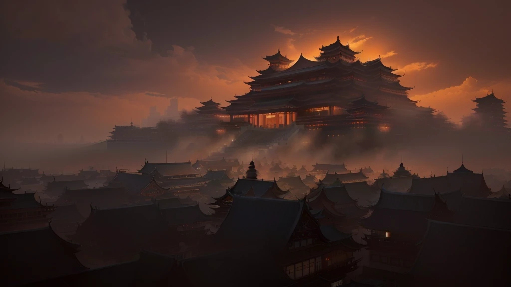 A city view composed of Chinese-style buildings，A large Chinese-style building in the middle，masterpiece, best quality, (Extremely detailed CG unity 8k wallpaper), (best quality), (Best Illustration), (Best shadow), absurd, Realistic lighting, (abyss), Beautiful and delicate light, Artworks by Peter Mohr Bacher,