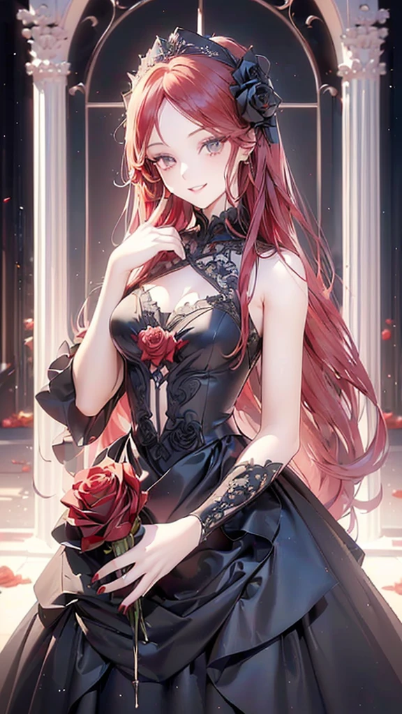 ((Beautiful and perfect girl)) ((detailed girl)) ((Perfect and Detailed Long Red Hair)) ((red and detailed eyes) ((Beautiful and detailed long black dress)) ((HOLDING A RED ROSE IN YOUR HAND)) ((Red and detailed rose)) ((flawless hand)) ((looking at the camera and smiling)) ((attractive eyes)) ((Detailed perfect beautiful face)) ((8K HIGH QUALITY)) ((34K)) (GOOD QUALITY)) ((ULTRA QUALITY)) ((QUALITY BEAUTIFUL))