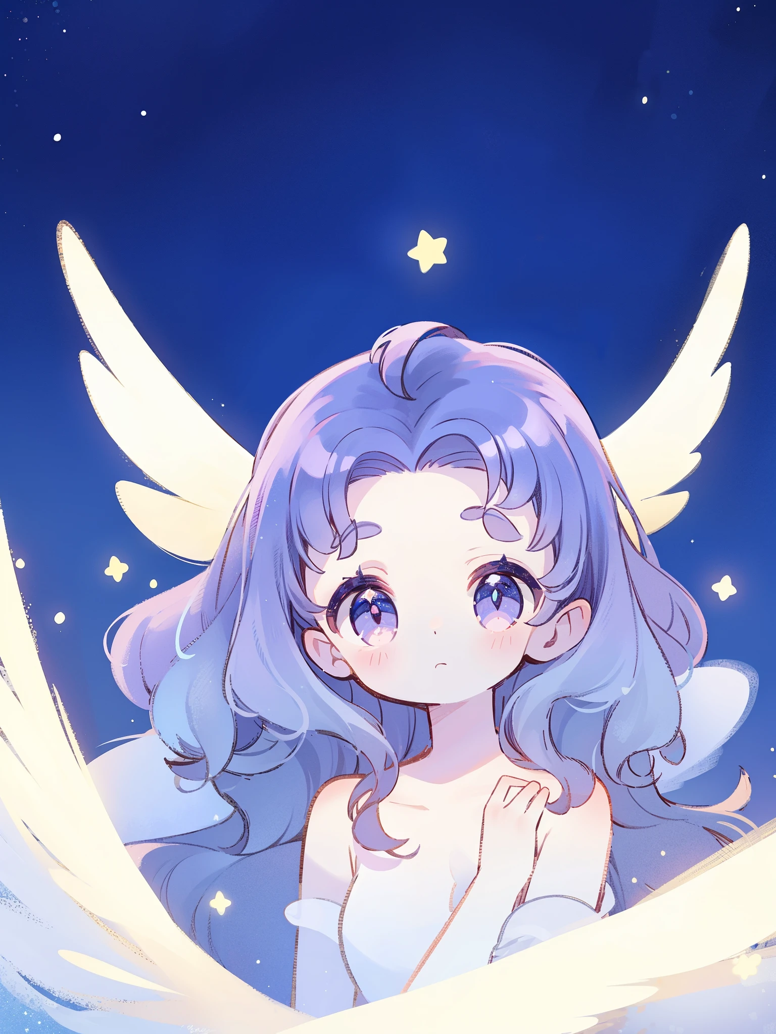 nude angel girl wearing an ethereal translucent dress, pale skin, ((wavy gradient blue purple hair)), white feathers, angel wings, sparkling detailed eyes, golden ratio face, perfect composition, highly detailed, ethereal, (starry night sky background), midjourney style