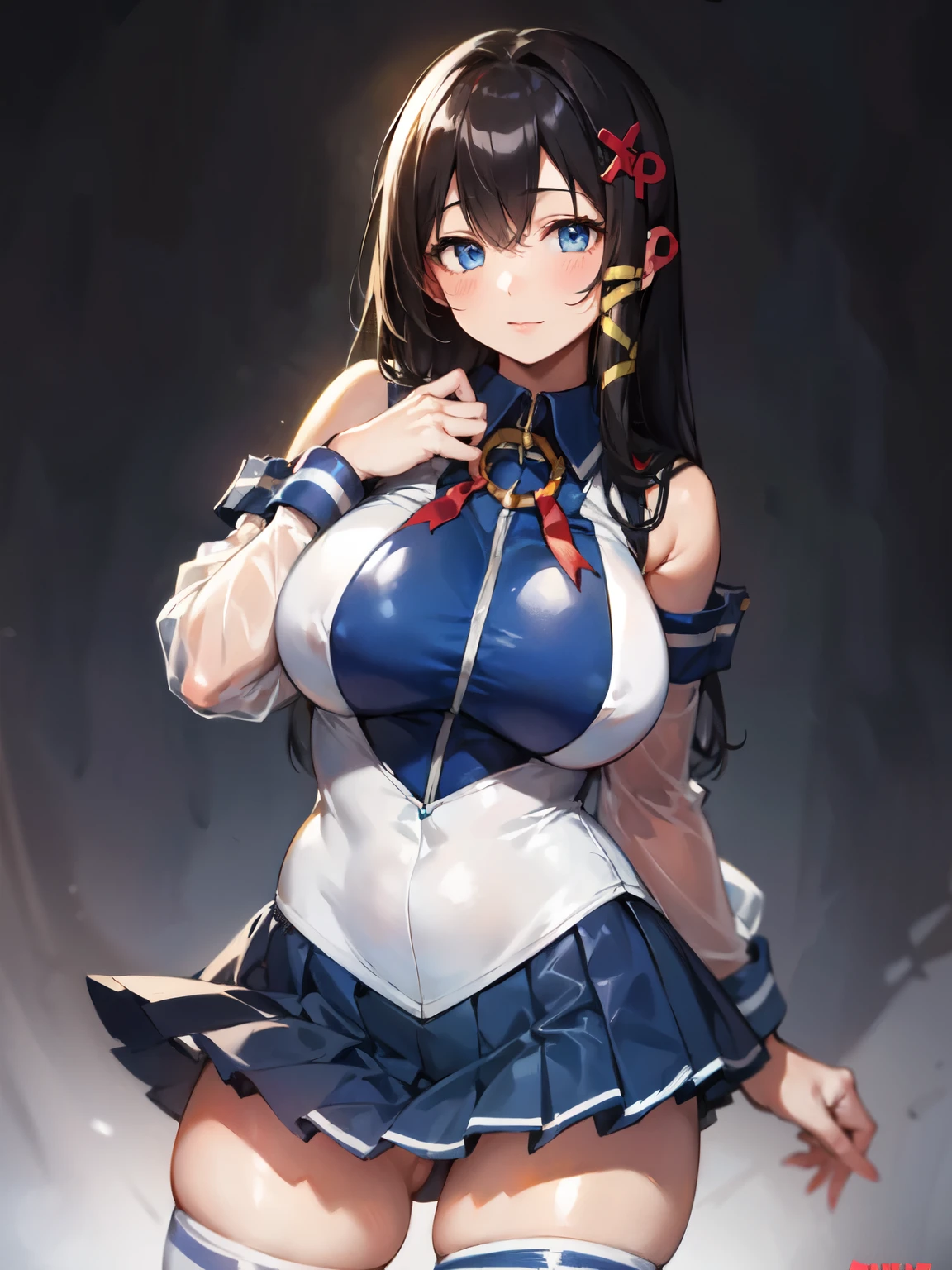 (xp-tan), ((masterpiece)), ((best quality)), (ultra-detailed), ((extremely detailed)), 4K, (8K), 1girl, solo, (perfect anatomy:1.4), (five fingers), , (beautiful detailed hair), (((world-class quality))), photorealistic, extremely detailed, high resolution, (detailed shaded pretty face), ( lady), (beautiful detailed eyes), ((glowing detailed skin and hair)), white-skinned, shiny skin((((gleaming skin)))), shiny, large breasting breasts, plum ,xp hair ornament, detached sleeves, blue skirt, thighhighs BREAK,