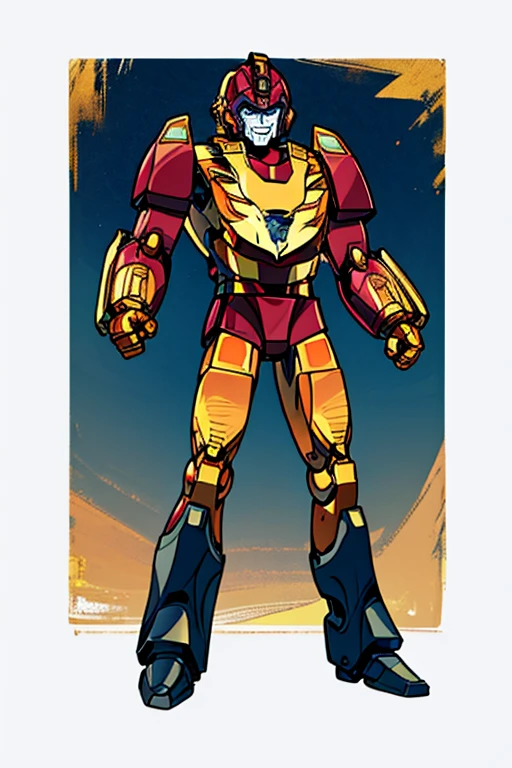 male, robot, blue eyes (((1boyl))), (((gold metal armor))), (gold metal arm guards), (gold metal leg guards), (gold metal lion shaped helmet) long legs, smiling, standing