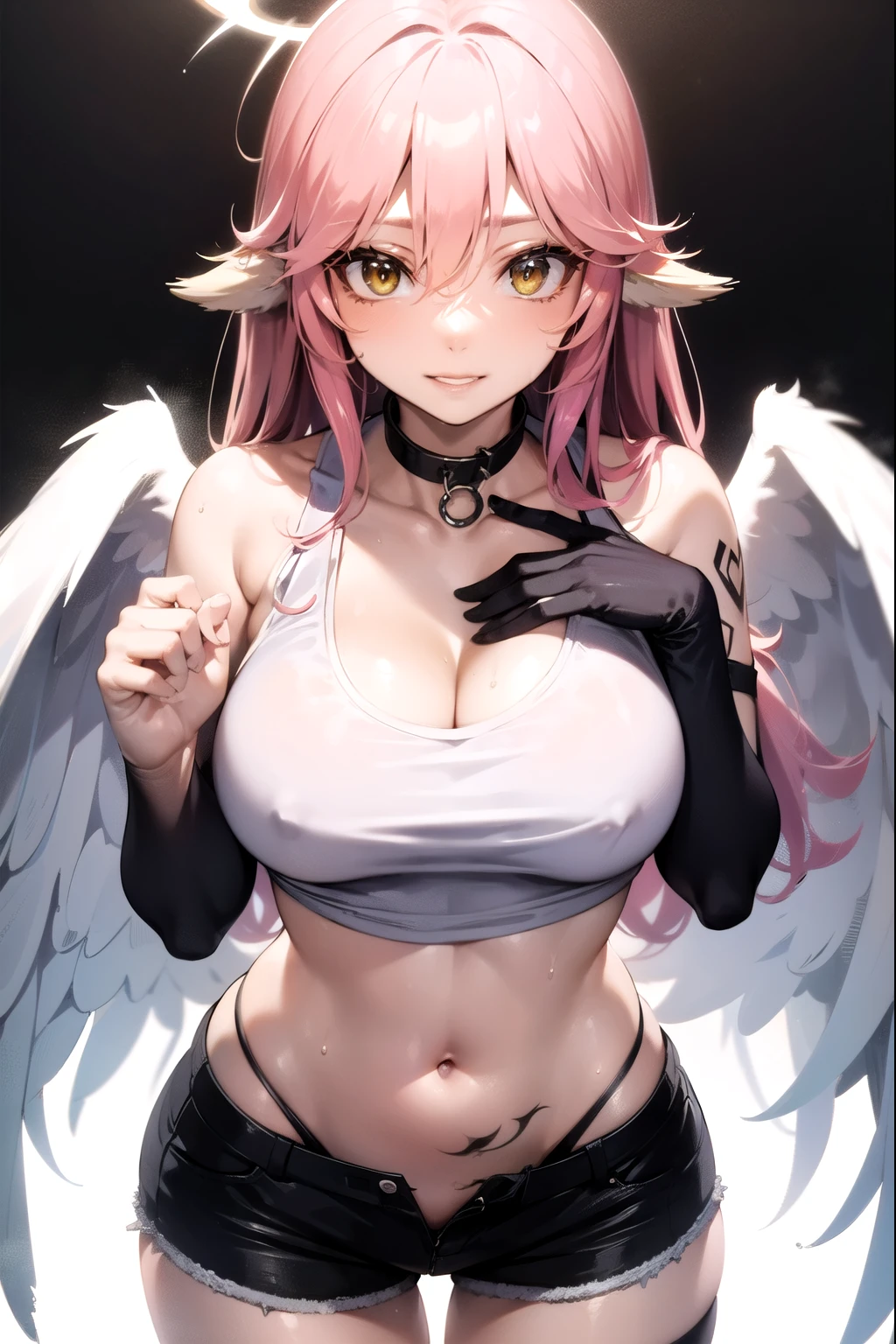 jibril, BREAK jibril, angel, angel wings, collar, animal ears, bird ears, compass rose halo, belly button, feathered wings, feathers, gradient hair, halo, long hair, low wings, multicolored hair, pink hair, symbol-shaped pupils, tattoos, chest tattoos, breast tattoos, thigh tattoos, tattooed, white wings, wing ears, wings, (yellow eyes:1.5), seductive look, seductive smile, smug, Shiny skin, wet, sweaty, sweat, oiled, big breast. Cleavage, clothing.
BREAK thighhighs, long gloves. Fully clothed. Midriff, tank top, short shorts. Sweating, dripping, steam.
BREAK (masterpiece:1.2), best quality, high resolution, unity 8k wallpaper, (illustration:0.8), (beautiful detailed eyes:1.6), extremely detailed face, perfect lighting, extremely detailed CG, (perfect hands, perfect anatomy), narrow eyes.