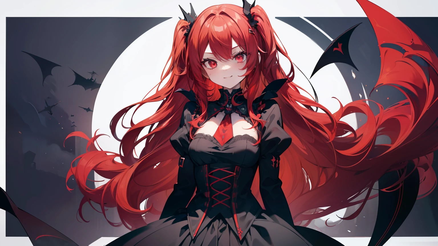  (masterpiece, Highest quality), one cute girl, the girl wearing (gothic dress)), red Eyes, red hair, wavy hair, long hair, evil smile, medium breasts, hair intakes, (((bold outline))), no background, Vector art, flat color,