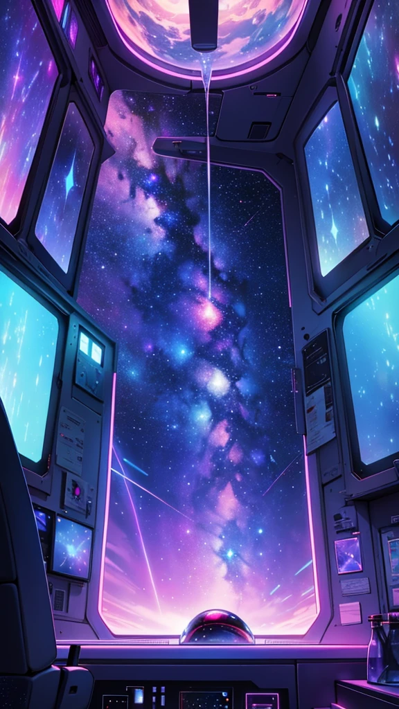 view from the glass of a spaceship cabin window, nebula cosmic scene..millions of stars colors between purple, pink and light blue, meteorites, planets