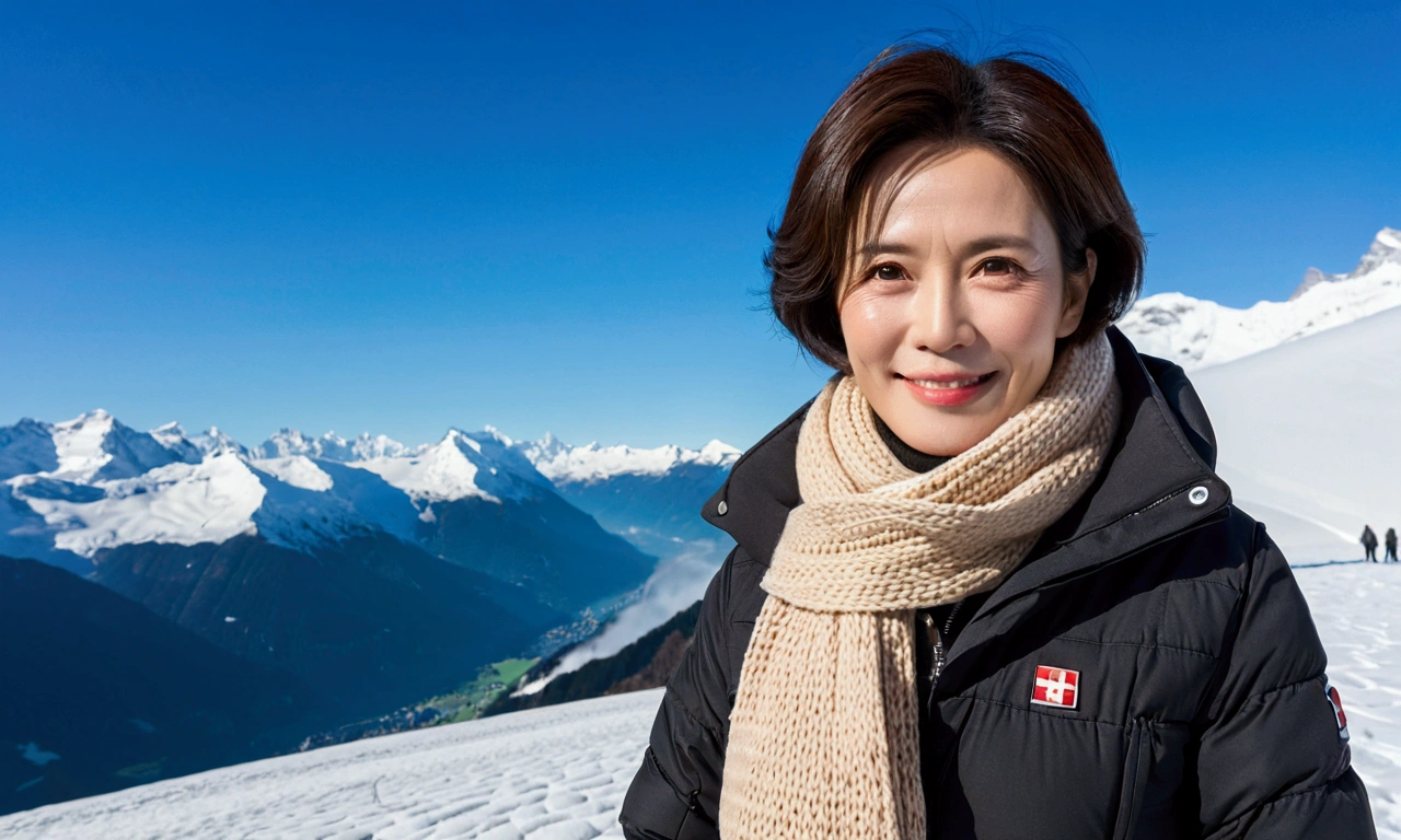 detailed fingers), Korean woman in her 50s with short and medium hair, smiling face, short and , very beautiful.!, Get inspired by Son Ye-jin, photo realistic beautiful face, big eyes,double eyelid, black eye, Short hair, alone, Switzerland, The Jungfrau snowfield can be seen in the distance.. black padded jacket, Wearing beige jean pants,, (Full body shot with Canon camera 16-35 wide angle lens, The white snow of Jungfrau can be seen in the distance.. Visible up to the waist, Woman in her 40s. A soft long scarf pulled down to the chest., clear sky, intense sunlight, Show your whole body, Wide angle lens full body shot
