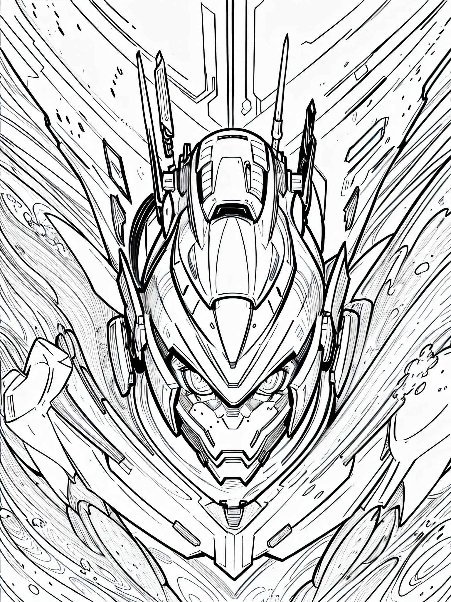 masterpiece, Best Quality, detailed face of a mecha, closeup Line art, monochrome, clean lines, black and white, his summer, coloring book page,  