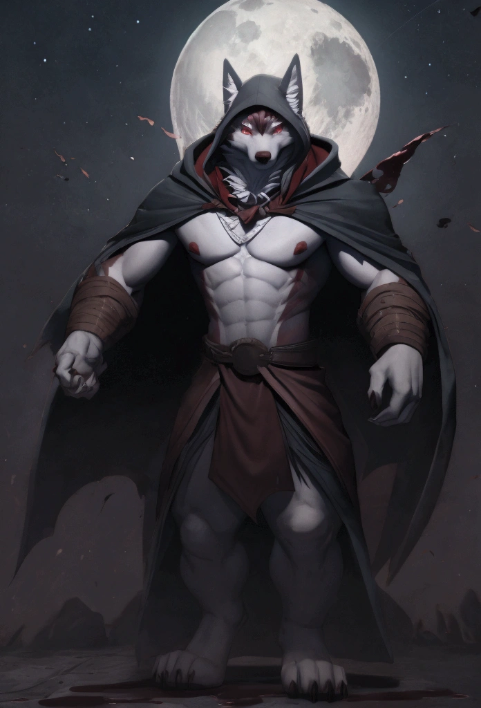 anthropomorphic vampire wolf under the full moon looking out with its red eyes and fangs stained with blood, He wears a hood like Dracula's, with visible chest looking on a roof of a 3d castle