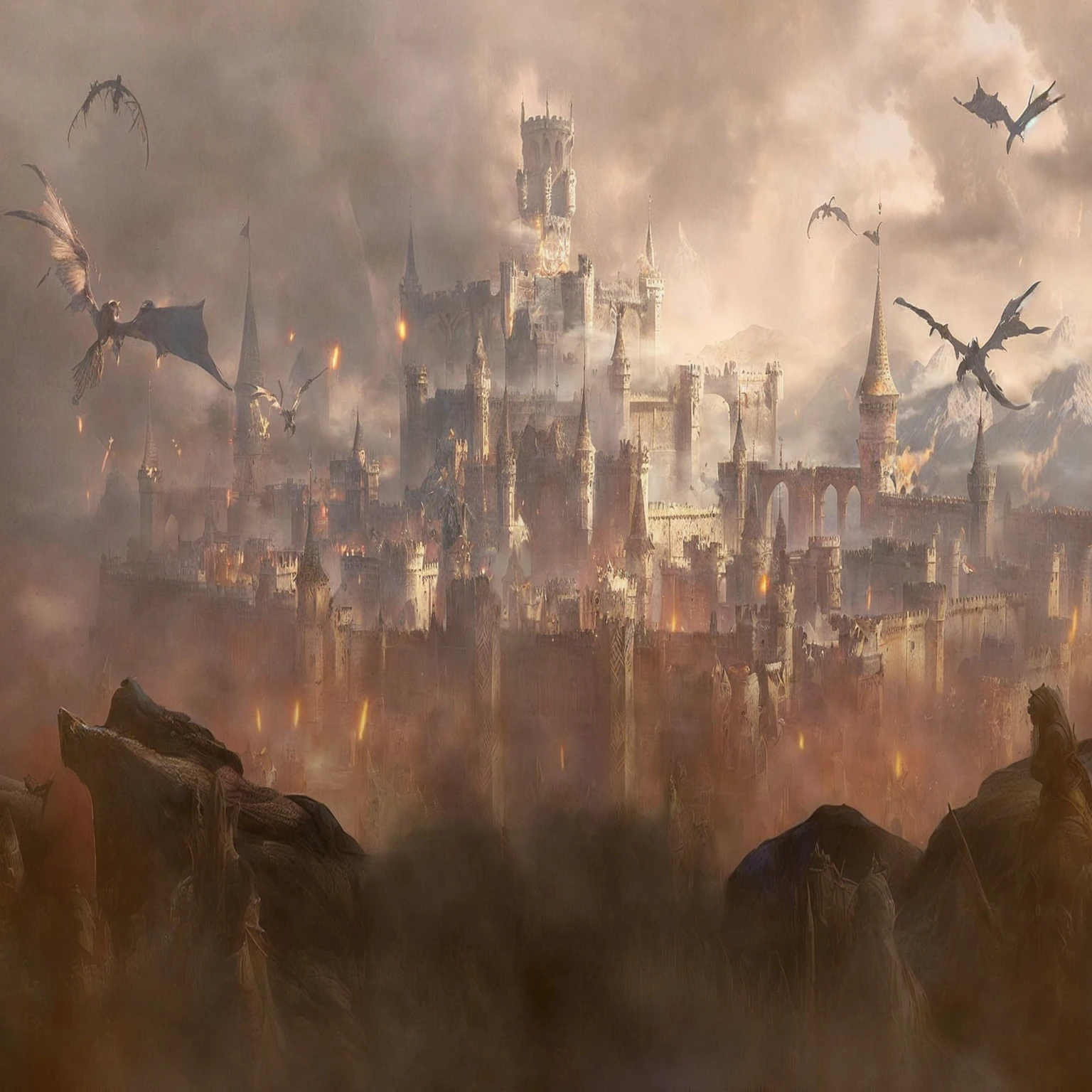 there are many people standing in front of a castle with a lot of birds flying around, medieval city, mordor as a bustling city, anor londo, elden ring concept art, a medieval city, an ancient city on fire, medieval concept art, marc _ simonetti, medieval city background, medieval fantasy game art, high fantasy matte painting