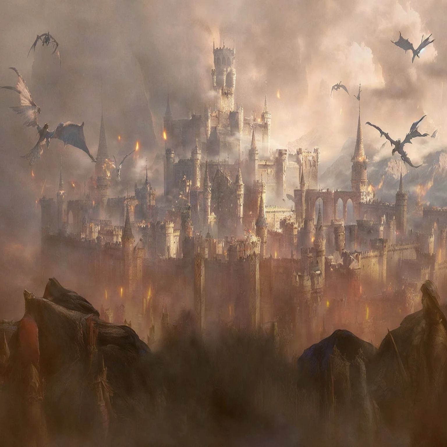 there are many people standing in front of a castle with a lot of birds flying around, medieval city, mordor as a bustling city, anor londo, elden ring concept art, a medieval city, an ancient city on fire, medieval concept art, marc _ simonetti, medieval city background, medieval fantasy game art, high fantasy matte painting