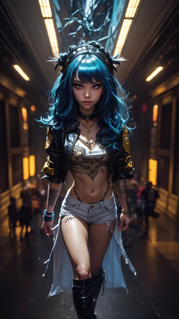 (zendaya), at the the Grand Central Terminal, cinematic, medium shot, whole head in frame, detailed face, detailed eyes, evening, punk aesthetic, pale blue ripped jeans, braces, suspenders, black boots, white shirt, skull, heart, necklace, chain, bullets, black leather jacket, dark blue beanie, tattoo sleeve, right arm, intricate design, flowers, yellowed skull, dyed hair, light purple roots, blue ends, navy T-shirt, rock, chick, messy hair, Full body, Beautiful anime waifu style girl,hyperdetailed painting, luminism, art by Carne Griffiths and Wadim Kashin concept art, dark background, abstract beauty, approaching perfection, pure form, golden ratio, minimalistic, dark atmosphere, unfinished, concept art, by Brian Froud and Carne Griffiths and Wadim Kashin and John William Waterhouse, intricate details, 8k post production, high resolution, hyperdetailed, trending on artstation, sharp focus, studio photo, intricate details, highly detailed, by greg rutkowski