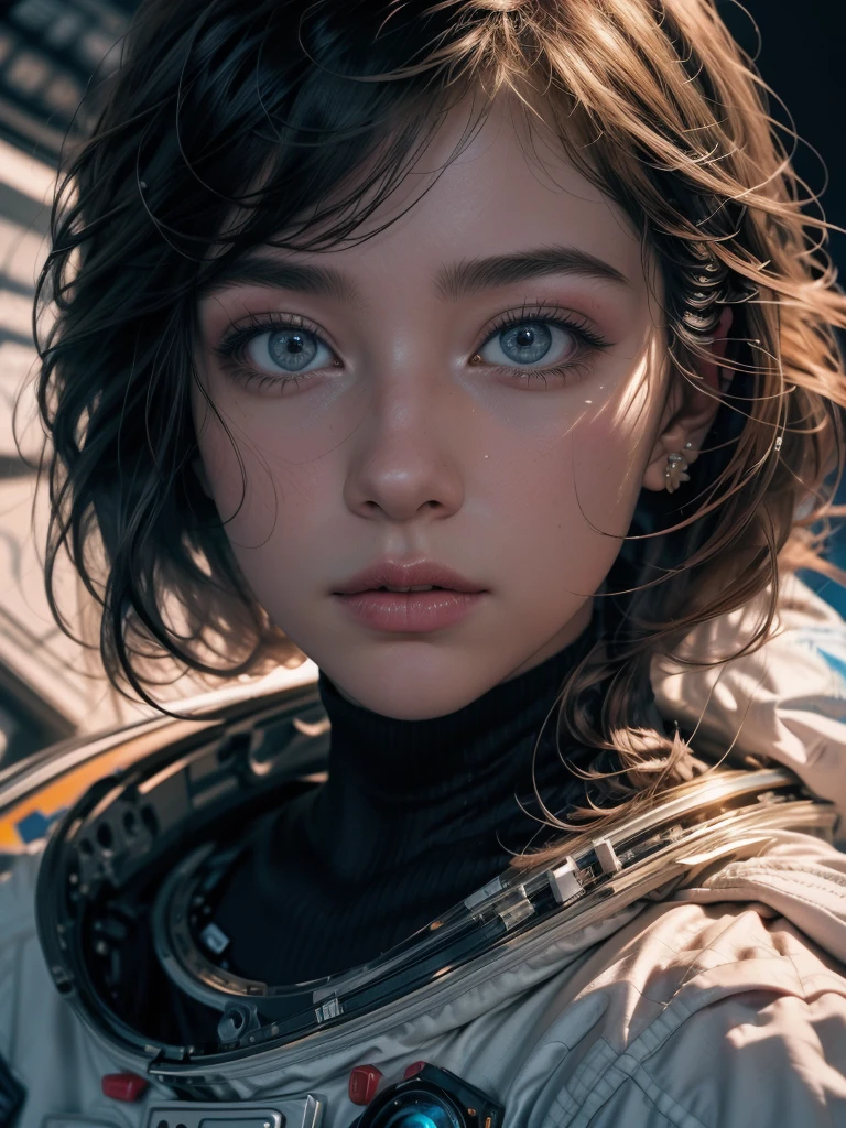 female astronaut j0rd7nj0n3s in space, beautiful  face, photo realist, (portraite), [smoke], [confusion], natural lighting, Shallow depth of field, photographed on a Canon EOS-1D X Mark III, 50 mm lens, F/2.8, (intrincately detailed, hyperdetailed), ((RAW color)), sharp focus, HDR, 4k resolution, cinematic film