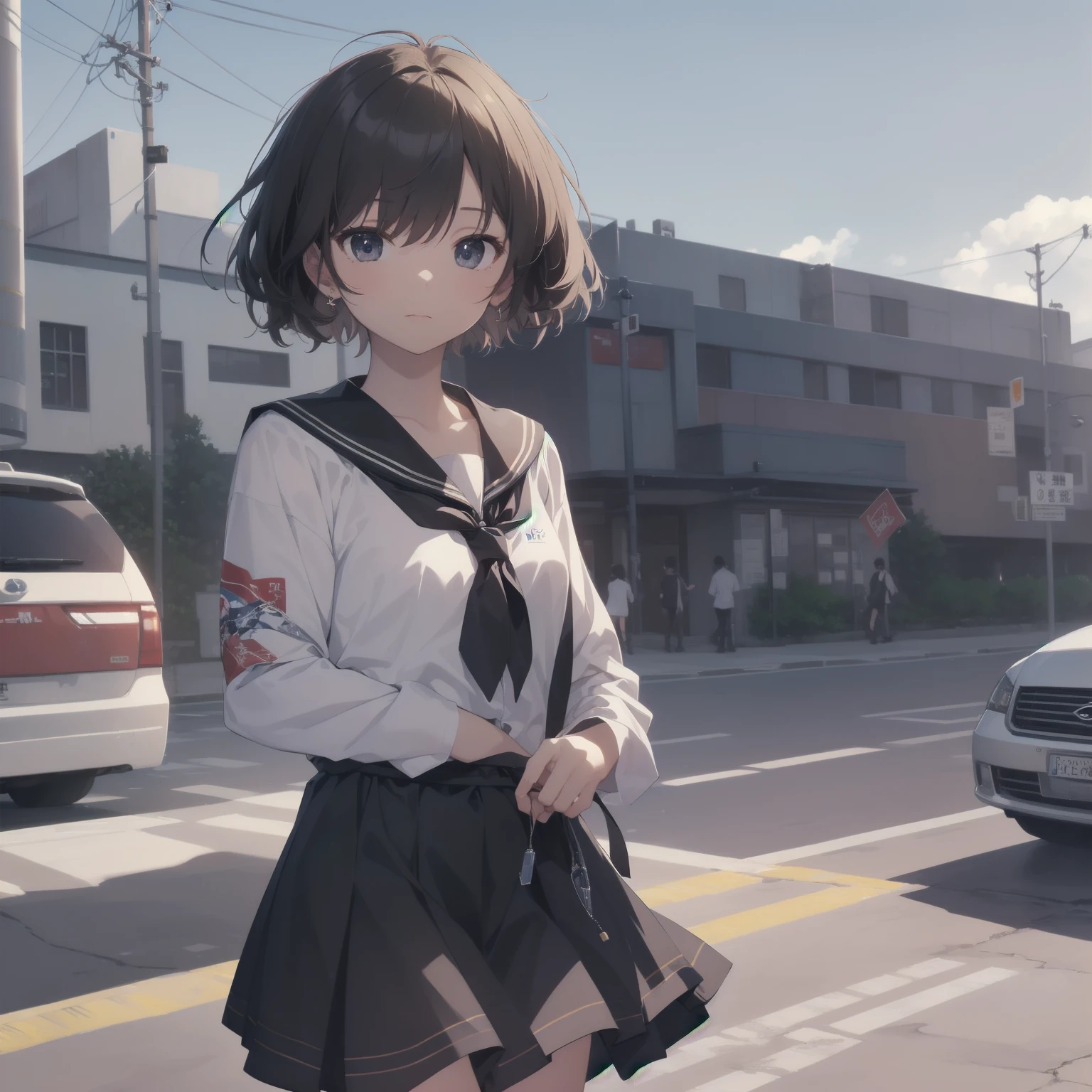ultra-absurdres-Top quality by artist God, ultra-detailed, high resolution, anime moe artstyle, best anime 8k konachan wallpaper, pixiv contest winner, pool:2810, perfect anatomy,break, 1girl, (Please draw a girl walking sleepily to school alone. )break,(Solo,little female, 13-year-old:1.3),Full limbs, complete fingers,a junior high school student, (very short hair), short cut, flat chest, , small butt, small black eyes, beautiful detailed eyes, well-proportioned iris and pupils, expressive eyes, highres detailed hair, soft expression, salor school_uniform, sailor collar, serahuku, bow, pleated skirt,(Detailed Lighting), (Detailed background), in the School commute route. break,super detailed skin, Best cinematic lighting powered by famous artist, 8k,beauty illustration,photoshop_(medium),very aesthetic,break,((artist:fumihiko (fu mihi ko) )), artist:clamp ,artist:carnelian ,artist:kantoku ,