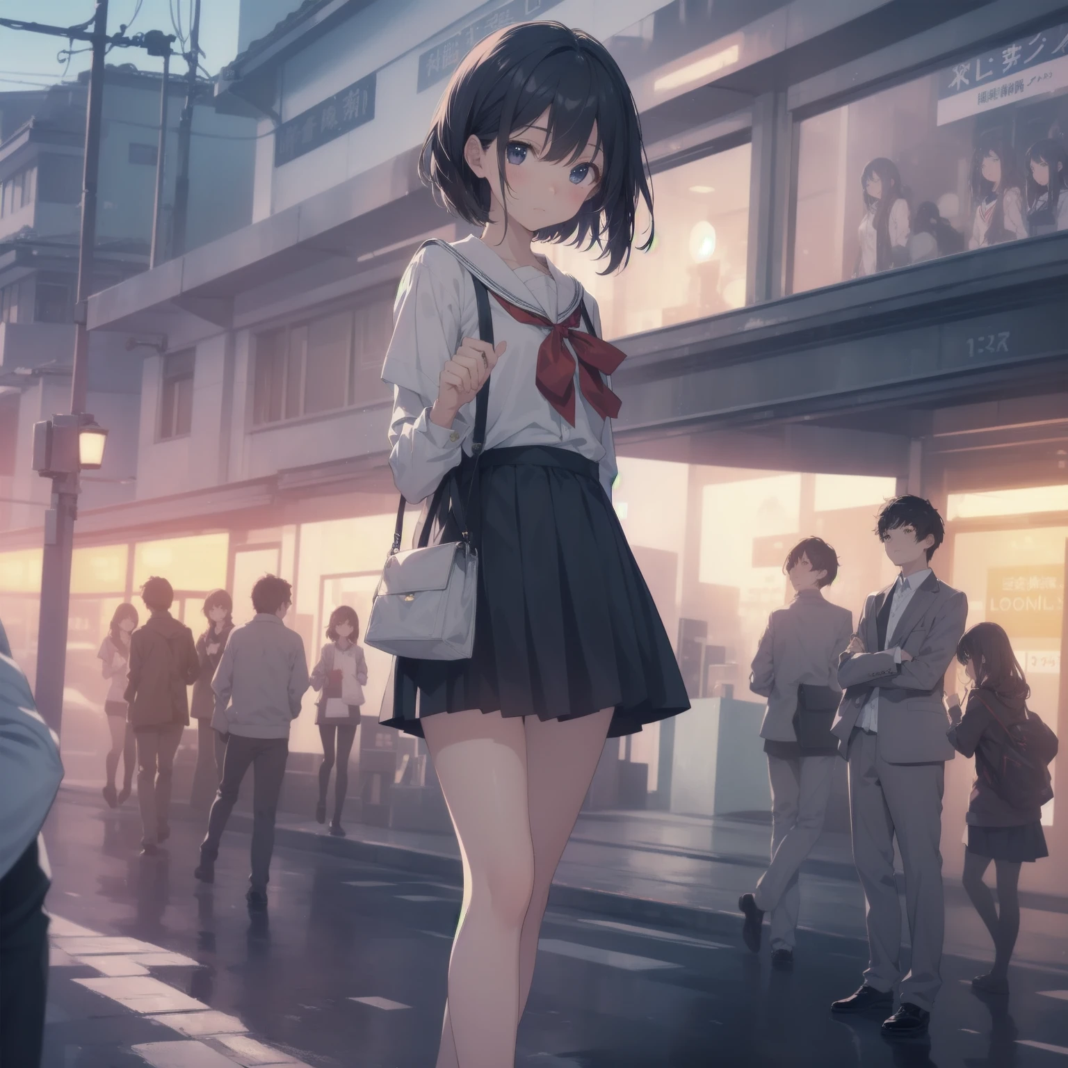 ultra-absurdres-Top quality by artist God, ultra-detailed, high resolution, anime moe artstyle, best anime 8k konachan wallpaper, pixiv contest winner, pool:2810, perfect anatomy,break, 1girl, (Please draw a girl walking sleepily to school alone. )break,(Solo,little female, 13-year-old:1.3),Full limbs, complete fingers,a junior high school student, (very short hair), short cut, flat chest, , small butt, small black eyes, beautiful detailed eyes, well-proportioned iris and pupils, expressive eyes, highres detailed hair, soft expression, salor school_uniform, sailor collar, serahuku, bow, pleated skirt,(Detailed Lighting), (Detailed background), in the School commute route. break,super detailed skin, Best cinematic lighting powered by famous artist, 8k,beauty illustration,photoshop_(medium),very aesthetic,break,((artist:fumihiko (fu mihi ko) )), artist:clamp ,artist:carnelian ,artist:kantoku ,
