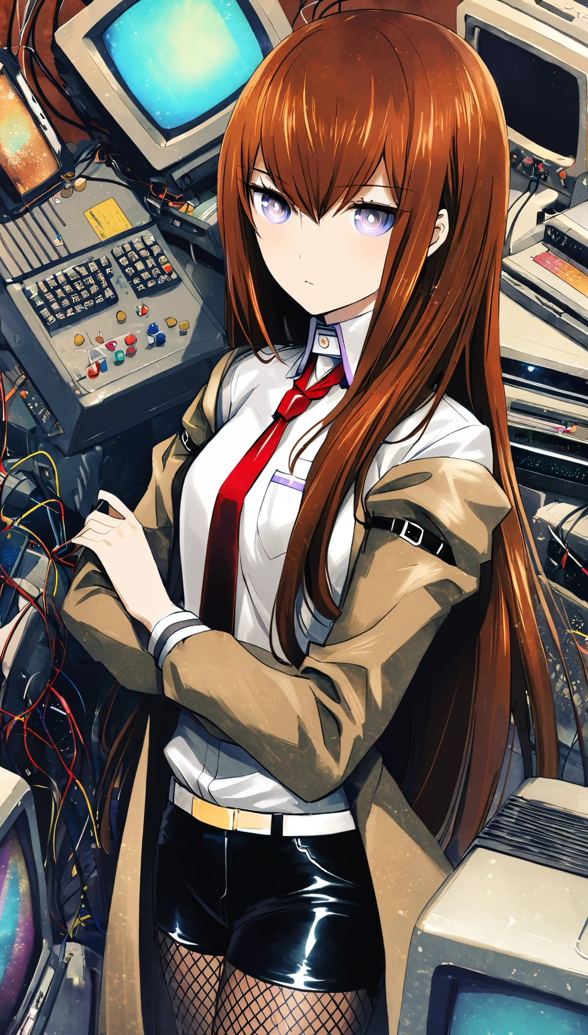 1人の***, Makise Kurisu, シュタイン;ゲート,An anime-style young woman with large, emotive hazel eyes and soft, wavy chestnut hair styled with elegant bangs stands assertively in a room brimming with retro technology. She is dressed in a crisp white blouse neatly tucked into high-waisted black leather shorts, paired with a classic red tie and layered under a flowing beige trench coat. Her look is completed with chic fishnet stockings. Surrounded by a meticulously detailed setting of vintage computers and monitors, overflowing with wires and old tech manuals, she captures a nostalgic yet sophisticated tech workshop vibe.