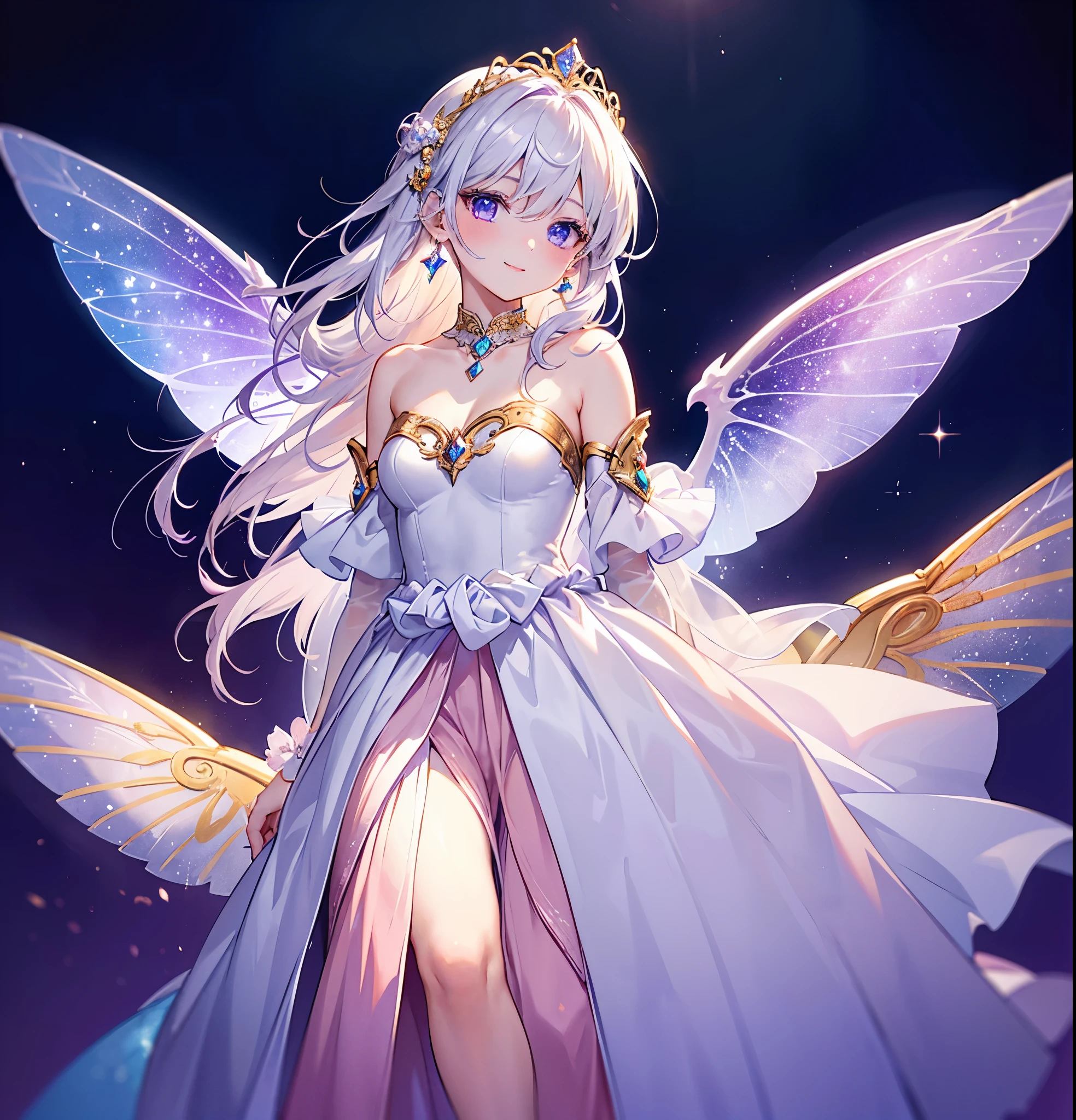 (Highest quality, masterpiece, Very detailedな, Very detailed, Exquisite, 16K,Full HD),A little closer,Golden Ratio,Dramatic lighting,pastel colour,Soft lighting, ((alone:1.5)),full moon,Starry Sky,meteor群,meteor,((head shot,Photo from the shoulders up)),(Fairy Princess, Purple eyes, Long eyelashes,White skin,slim,pale pink plump lips,Pale pink cheeks, The wind is blowing,white fluffy hair,thin and long,(thin and high nose,Small Nose),(A pair of giant fairy wings growing from just above his waist..),Silver decoration,Diamond Tiara,Diamond Earrings,Diamond Earrings,Diamond Choker,(silver ball gown dress:1.1), Golden lace and frills,(smile:1.2), (Fantasy, Romantic atmosphere), Magic Light,Ice Magic,