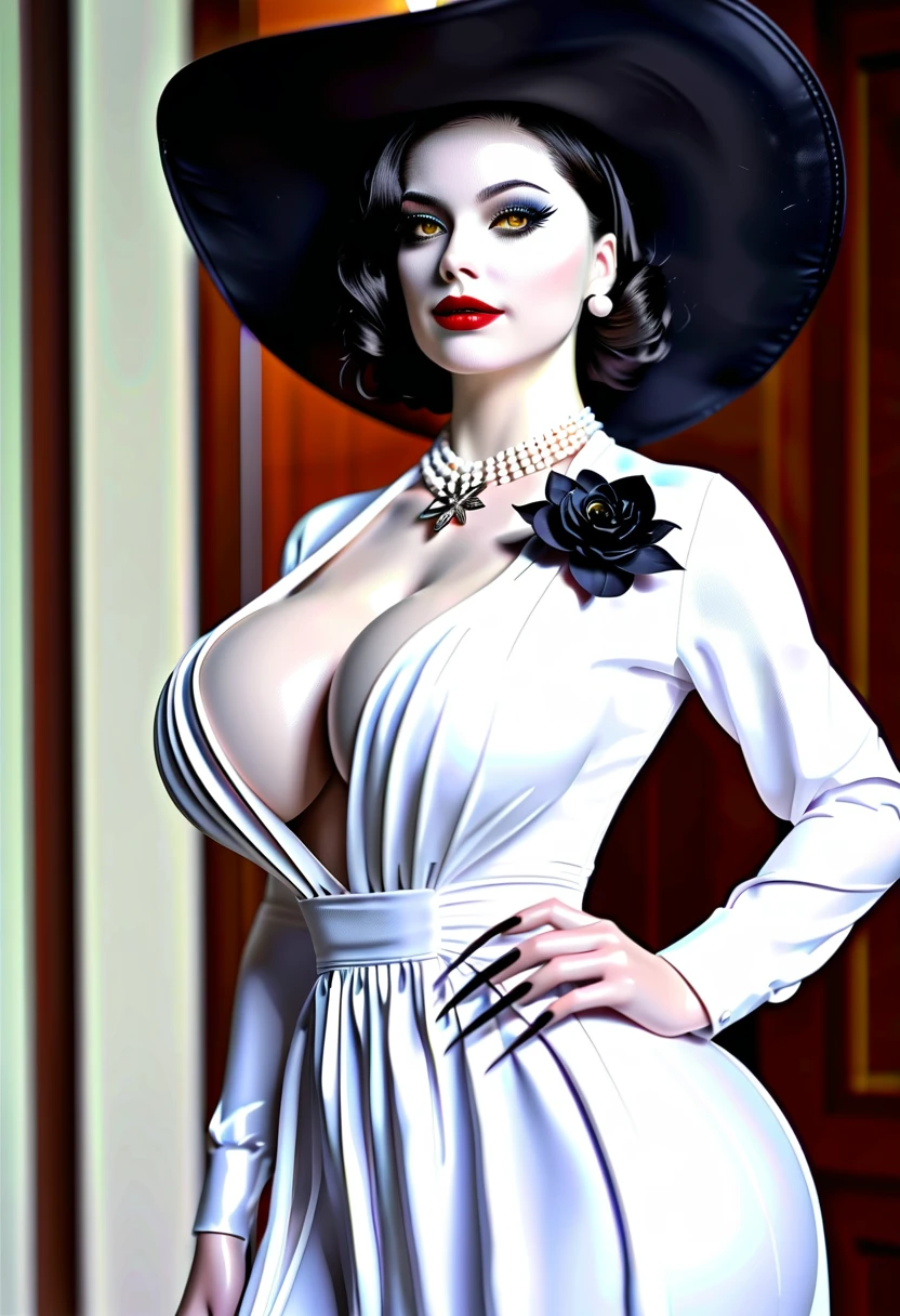 Alcina Dimitrescu, side view, ladylike, elegant, muscular, sassy, high class, chiq, tall, statuesque, full figured, slim, enormous hips, massive booty, massive breasts, massive hips, wide hips, massive thighs, bodybuilder, hourglass figure, rubenesque, voluptuous lower body, gothic setting, black hair, makeup, red lips, lipstick, thick lips, fair skin, pale skin, thin waist, narrow waist, small waist, tiny waist, small midsection, retro, art deco, eyeliner, eyeshadow, long eyelashes, long nails, long claws, vampire, vampiress, jazz age, fangs
