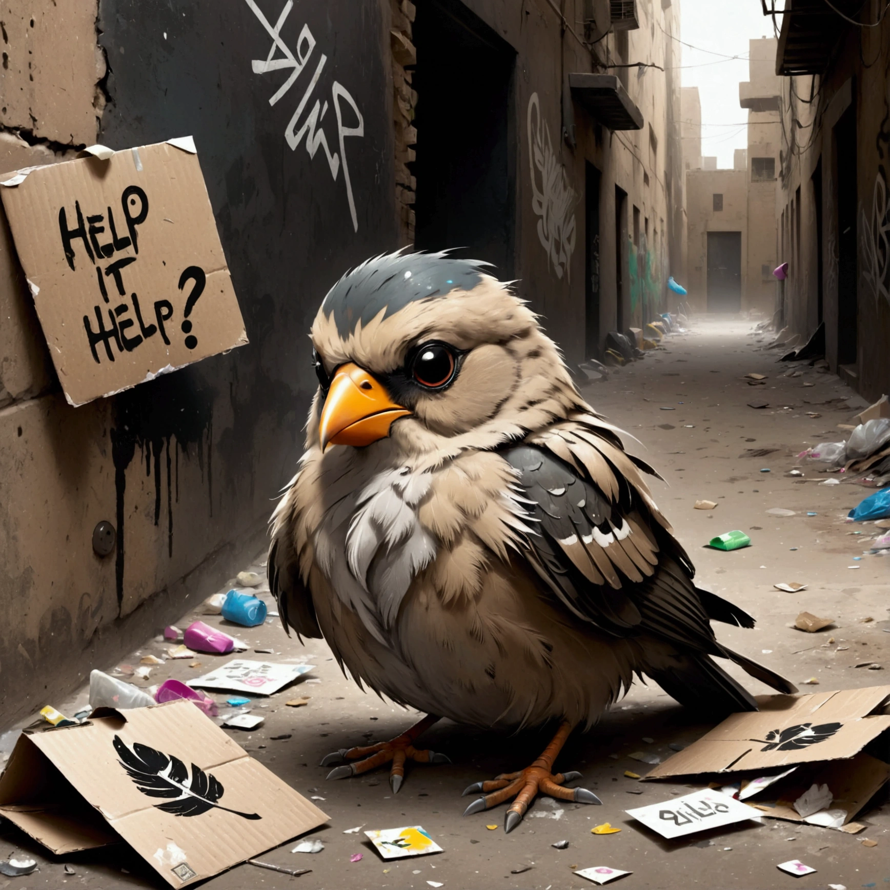 A little bird, Same as symbol, Sitting in a dark, dirty alley. Its feathers are disheveled and dusty, Looking sad and depressed. It holds a small piece of cardboard with a message on it "help, please" Write it on. around, There is garbage everywhere，The walls were covered with graffiti, Create a gloomy and desolate environment.