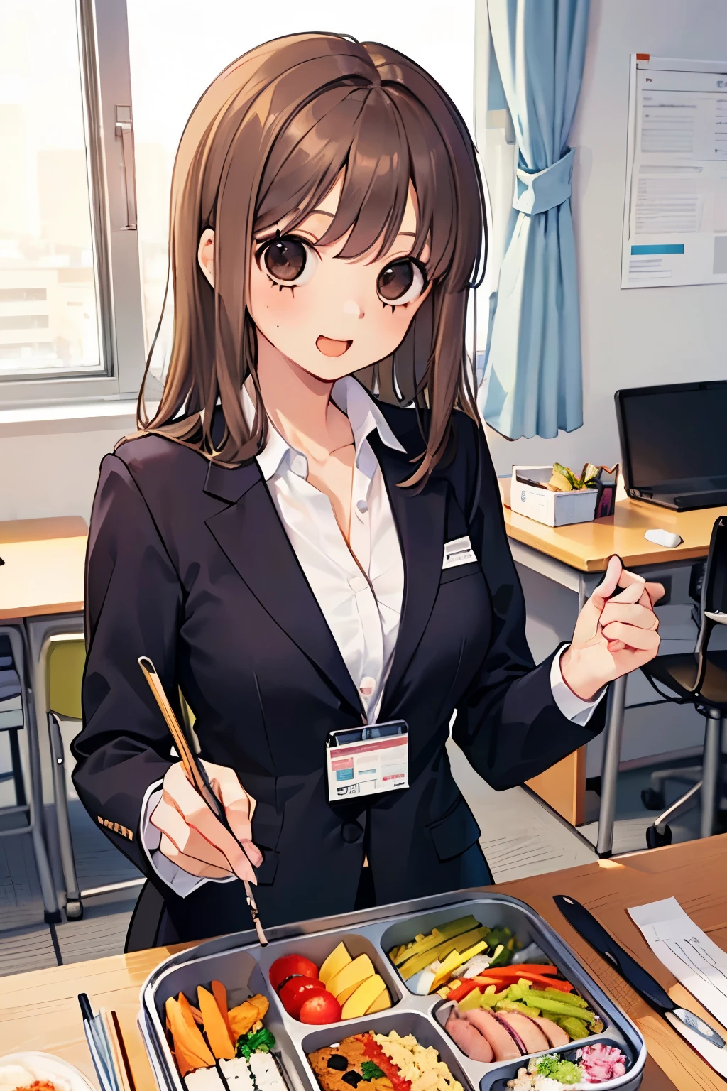 beautiful cute girl,((brown hair:1.2)),(Medium wave hair:1.1),(beige eyes:1.2),(office Lady:1.25),(uniform suit:1.2),((check pattern costume:1.0)),((lace:1.2)),(首を傾げる:1.3),(lunch eating:1.1),(Bento:1.25),((Happiness:1.1)),(office room:1.15)