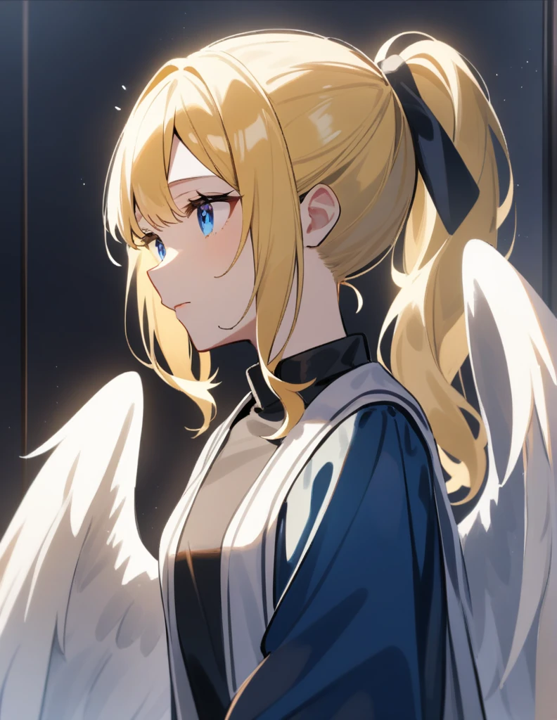 ponytail、Yellow Hair、Blue Eyes、Has white wings、One girl,
