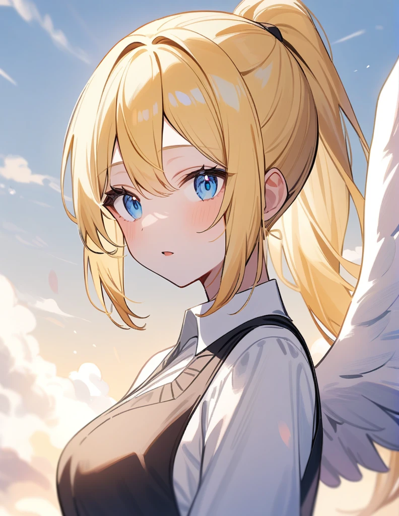 ponytail、Yellow Hair、Blue Eyes、Has white wings、One girl, 