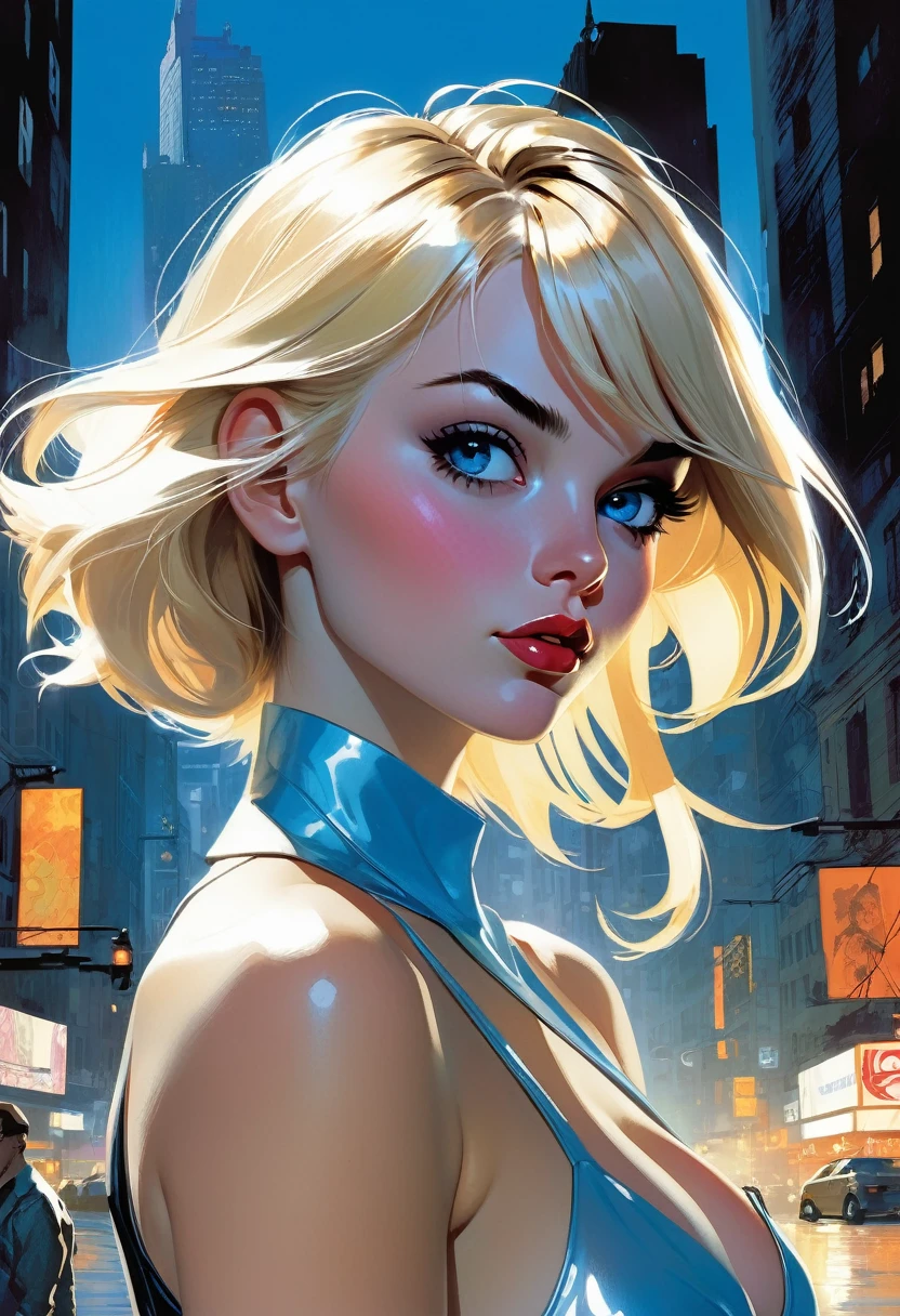 ((work of art)), (cinematic lighting), um close-up, Beautiful stylized illustration of Gwen_stacy, with a side cut, asymmetrical blonde hair, with incredibly detailed blue eyes and a beautiful detailed face, with half-open lips, the side of the head shaved, bared shoulders, casual in the city, looking away, por Jeremy Mann, by Sandra Chevier, por Dave Mckean e Richard Avedon e Maciej Kuciara, highy detailed, 8k,  estilo SamdoesArt, Big ass girl, asshole, big breasts, Sexy woman, hot woman, on all fours, tongue out, penetrating 