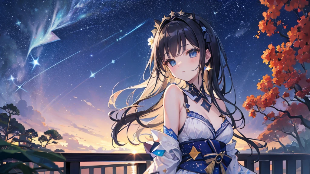 absurdres, highres, masterpiece, best quality, ultra-detailed 8k wallpaper, (detailed beautiful face):1.2, (detailed beautiful eyes)1:1, 1girl, solo, (He’s looking at us:1.2), black hair, Flower-patterned yukata, (summer triangle:1.3), The Star Festival, shining sky, distant horizon, clouds, natural beauty, (night sky, Shining Stars:1.5), (summer triangle:1.5), Residential area seen from balcony, Residential area in the distance, BREAK (very wide:1.3),(panorama view:1.3),(sense of depth:1.5),(long shot:1.3),(magnificent view:1.3) 