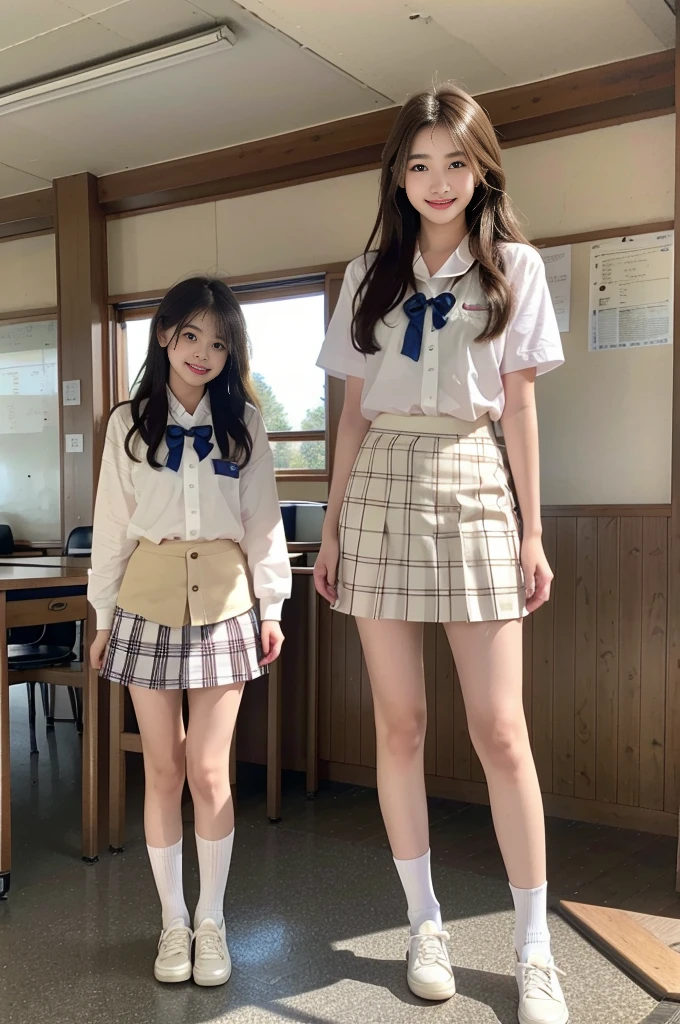 Smiling high school student, Thinner, Short height, With long hair and white skin, Wear a checked skirt, JK White Boat Socks, Little white shoes、White shirt、White shirtと紺色のネクタイ、School classroom、In the classroom、
