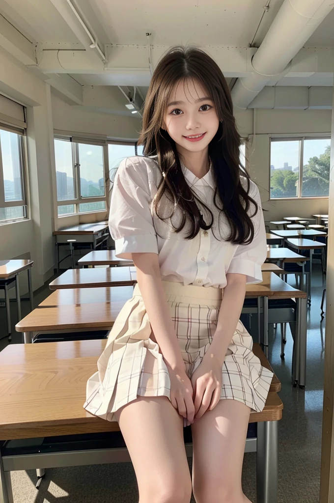 Smiling high school student, Thinner, Short height, With long hair and white skin, Wear a checked skirt, JK White Boat Socks, Little white shoes、White shirt、White shirtと紺色のネクタイ、School classroom、In the classroom、