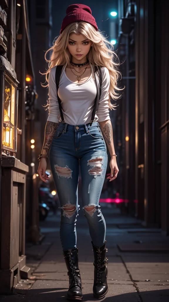 (zendaya), at the the Grand Central Terminal, cinematic, medium shot, whole head in frame, detailed face, detailed eyes, evening, punk aesthetic, pale blue ripped jeans, braces, suspenders, black boots, white shirt, skull, heart, necklace, chain, bullets, black leather jacket, dark blue beanie, tattoo sleeve, right arm, intricate design, flowers, yellowed skull, dyed hair, light purple roots, blue ends, navy T-shirt, rock, chick, messy hair, Full body, Beautiful anime waifu style girl,hyperdetailed painting, luminism, art by Carne Griffiths and Wadim Kashin concept art, dark background, abstract beauty, approaching perfection, pure form, golden ratio, minimalistic, dark atmosphere, unfinished, concept art, by Brian Froud and Carne Griffiths and Wadim Kashin and John William Waterhouse, intricate details, 8k post production, high resolution, hyperdetailed, trending on artstation, sharp focus, studio photo, intricate details, highly detailed, by greg rutkowski