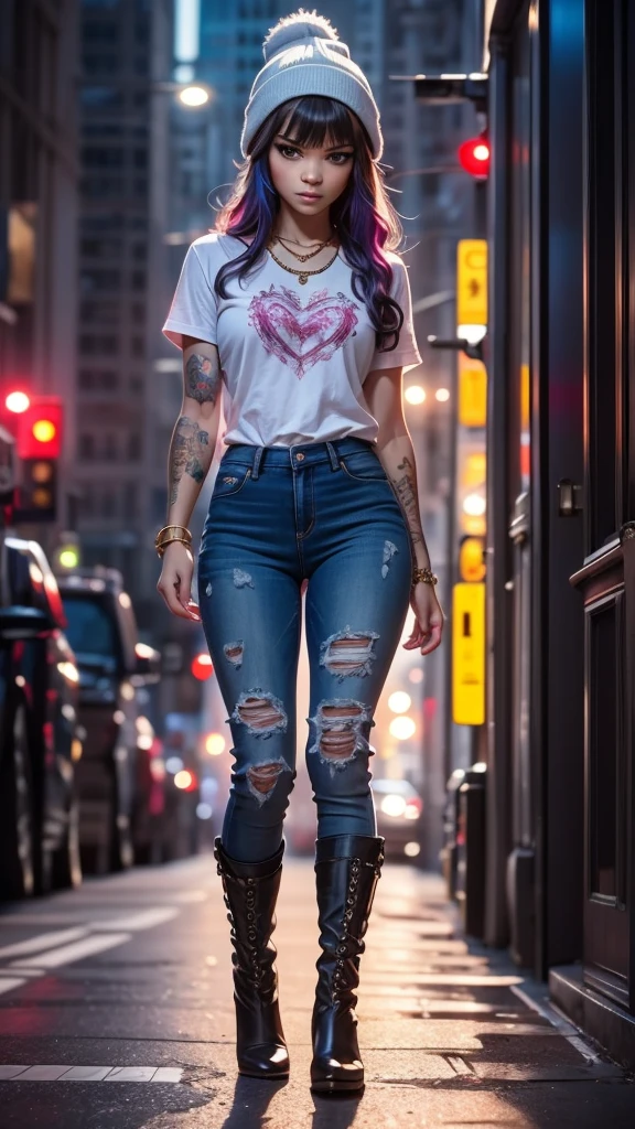 (zendaya), at the the Grand Central Terminal, cinematic, medium shot, whole head in frame, detailed face, detailed eyes, evening, punk aesthetic, pale blue ripped jeans, braces, suspenders, black boots, white shirt, skull, heart, necklace, chain, bullets, black leather jacket, dark blue beanie, tattoo sleeve, right arm, intricate design, flowers, yellowed skull, dyed hair, light purple roots, blue ends, navy T-shirt, rock, chick, messy hair, Full body, Beautiful anime waifu style girl,hyperdetailed painting, luminism, art by Carne Griffiths and Wadim Kashin concept art, dark background, abstract beauty, approaching perfection, pure form, golden ratio, minimalistic, dark atmosphere, unfinished, concept art, by Brian Froud and Carne Griffiths and Wadim Kashin and John William Waterhouse, intricate details, 8k post production, high resolution, hyperdetailed, trending on artstation, sharp focus, studio photo, intricate details, highly detailed, by greg rutkowski