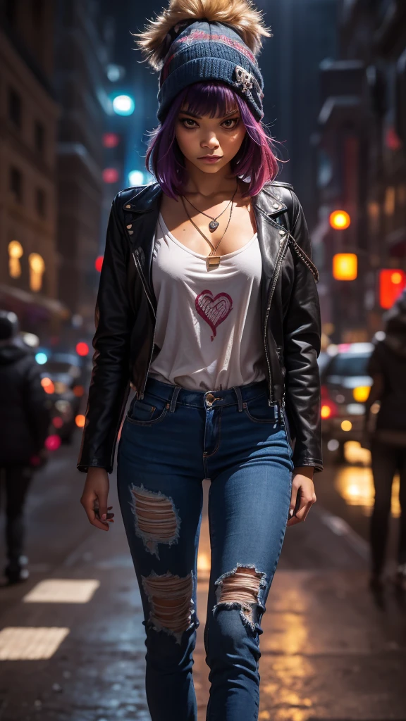 (zendaya), at the the Grand Central Terminal, cinematic, medium shot, whole head in frame, detailed face, detailed eyes, evening, punk aesthetic, pale blue ripped jeans, braces, suspenders, black boots, white shirt, skull, heart, necklace, chain, bullets, black leather jacket, dark blue beanie, tattoo sleeve, right arm, intricate design, flowers, yellowed skull, dyed hair, light purple roots, blue ends, navy T-shirt, rock, chick, messy hair, Full body, Beautiful anime waifu style girl,hyperdetailed painting, luminism, art by Carne Griffiths and Wadim Kashin concept art, dark background, abstract beauty, approaching perfection, pure form, golden ratio, minimalistic, dark atmosphere, unfinished, concept art, by Brian Froud and Carne Griffiths and Wadim Kashin and John William Waterhouse, intricate details, 8k post production, high resolution, hyperdetailed, trending on artstation, sharp focus, studio photo, intricate details, highly detailed, by greg rutkowski