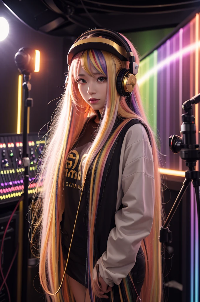 A woman with long rainbow hair, wearing golden headphones, standing in a professional recording studio, surrounded by audio equipment and soft lights, creative style, 8k.