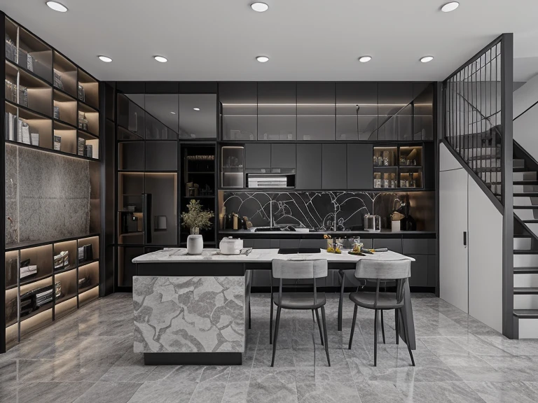 Real photo, modern KITCHEN, gorgeous design, modern style, shadows, volumetric lighting, shadows, high-end photography, fidelity, bright details, sharp, unique, winning photography award, Canon EOS 5D Mark IV DSLR camera, f/ 6 , ISO 100, 1/250 sec, uhd, 8k, natural soft light Of course, best quality, Super high resolution