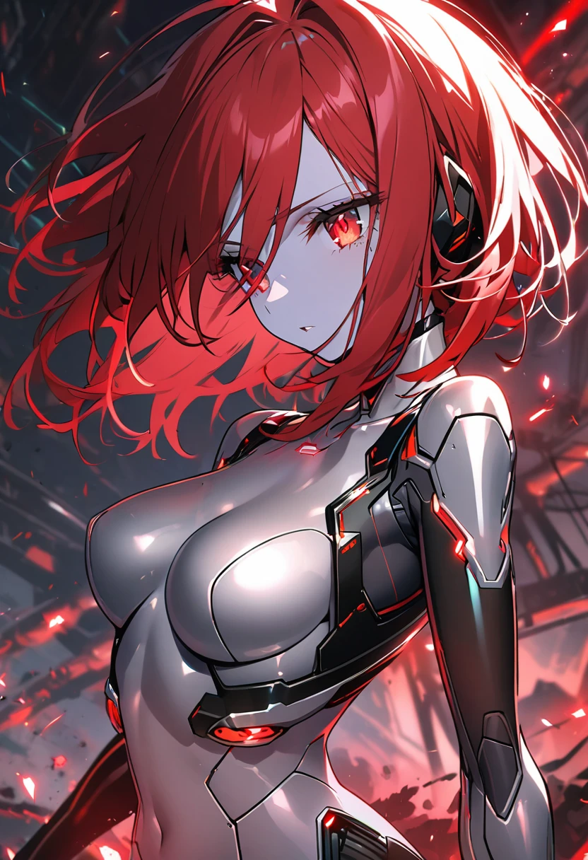 science fiction, android girl(metallic skin, cyber joint, coating red hair, red flash eyes)
