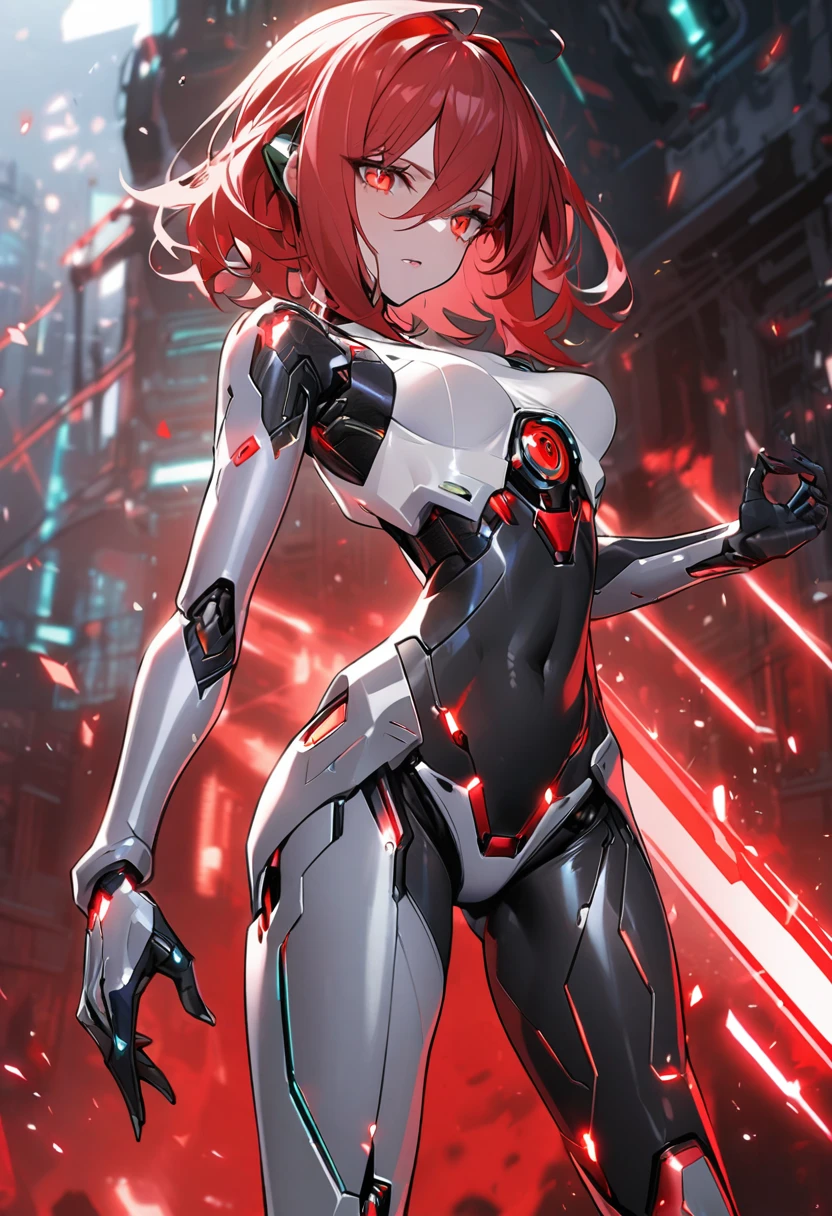 science fiction, android girl(metallic skin, cyber joint, coating red hair, red flash eyes)