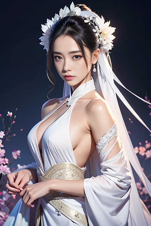 a closeup of a woman with a sword and a white dress, a character portrait of Yang J., trend on CGSociety, Fantasy Art, Beautiful character painting, guweiz style artwork, guweiz, Hanfu blanco, flowing white robes, full body wuxia, Exquisite and epic character art., awesome character art, beautiful murderous woman