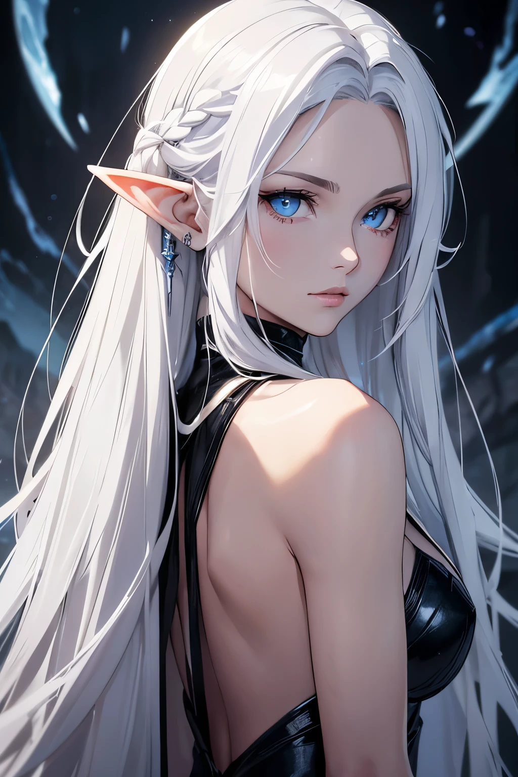 Selene has long silver hair, pale blue eyes reminiscent of moonlight and fair skin with scars from past battles. Your ears are slightly pointed, characteristic of half-elves. She wears a white cleric's robe with silver details and carries a sacred symbol in the shape of a crescent moon.. Its appearance is ethereal and a little melancholic, reflecting the tragedy of his life.