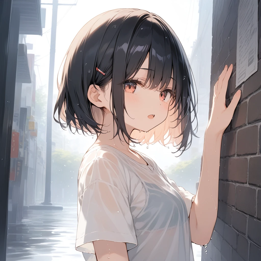 score_9, score_8_up, score_7_up, source_anime, best quality, masterpiece, official art, absurdres, highres, ultra-detailed,waifu2x,Collection: Slice of Life,break,1girl, school girl,, very short hair, bob cut, small breasts, beautiful detailed eyes, expressionless, open mouth, (yawn:0.3), wet, see-through shirt,  sleepily, rainy, outdoors, against wall,, break,(clear line illustration:1.2), super detailed skin,very high resolution, very aesthetic, Best sexual lighting powered by famous artist, 8k,cute picture,beauty illustration,photoshop_(medium),,(Detailed Lighting),best anime 8k konachan wallpaper, pixiv contest winner, 