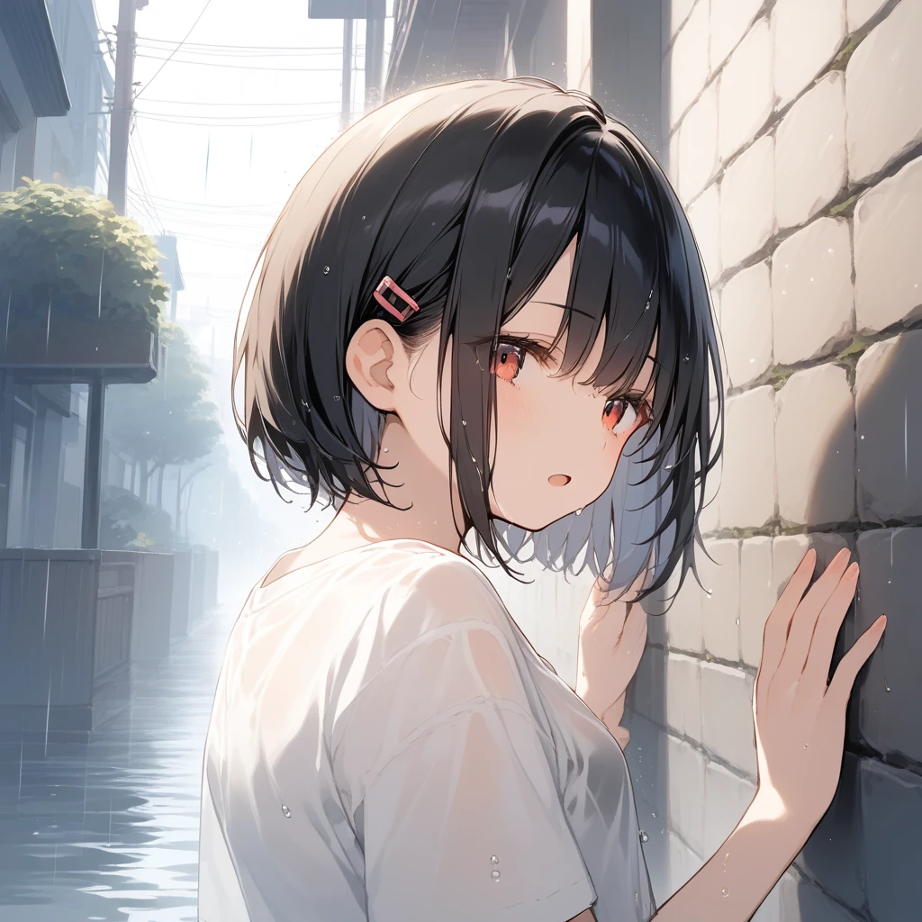 score_9, score_8_up, score_7_up, source_anime, best quality, masterpiece, official art, absurdres, highres, ultra-detailed,waifu2x,Collection: Slice of Life,break,1girl, school girl,, very short hair, bob cut, small breasts, beautiful detailed eyes, expressionless, open mouth, (yawn:0.3), wet, see-through shirt,  sleepily, rainy, outdoors, against wall,, break,(clear line illustration:1.2), super detailed skin,very high resolution, very aesthetic, Best sexual lighting powered by famous artist, 8k,cute picture,beauty illustration,photoshop_(medium),,(Detailed Lighting),best anime 8k konachan wallpaper, pixiv contest winner, 